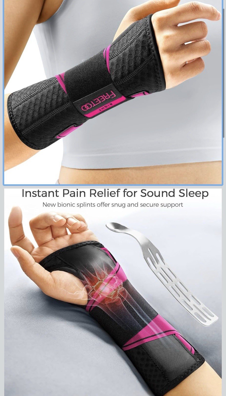 FREETOO Wrist Brace L Compression Immobilization Adjustable Neoprene Black Pink