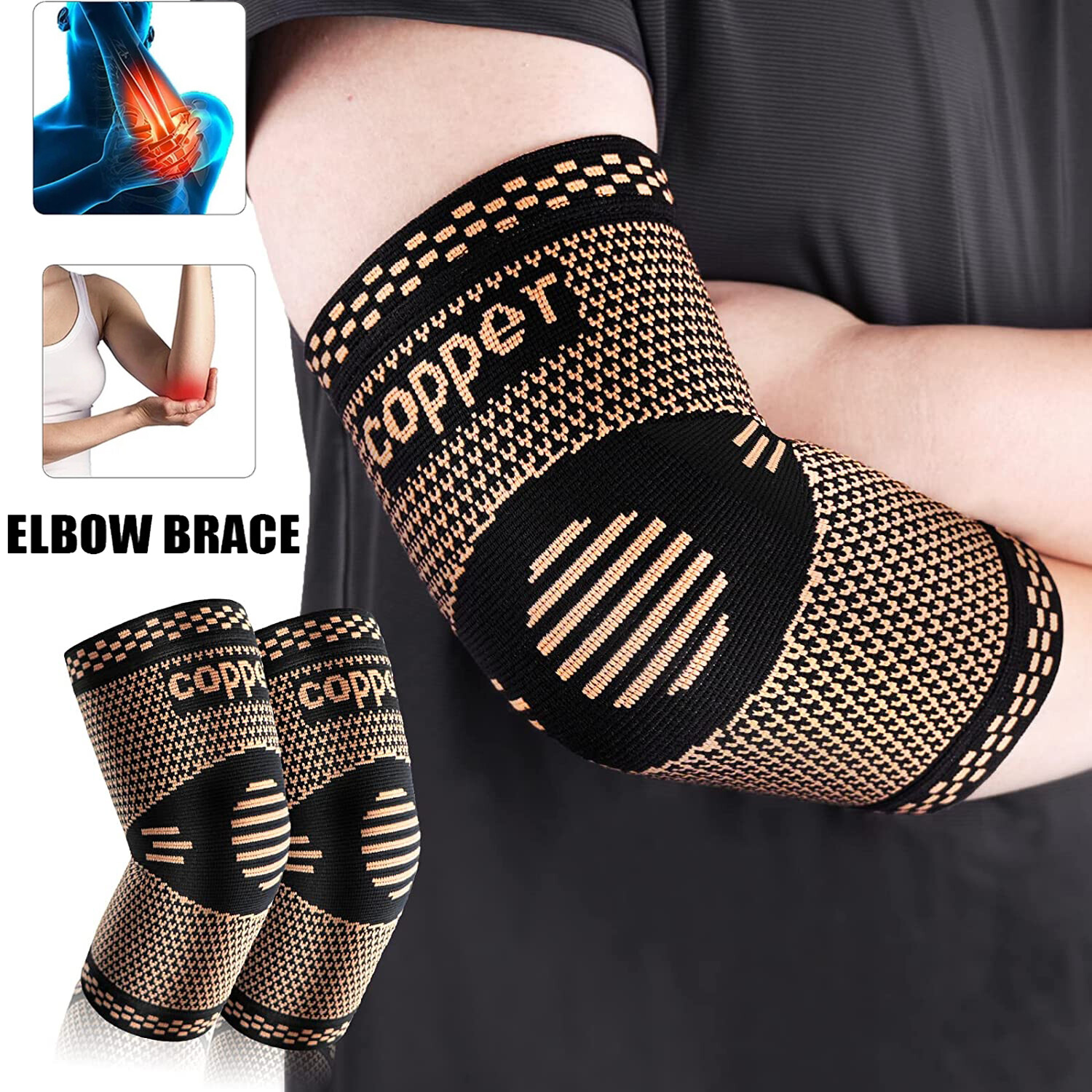 Copper Elbow Brace Compression Support Sleeve Arthritis Tendonitis Joint Pain TH