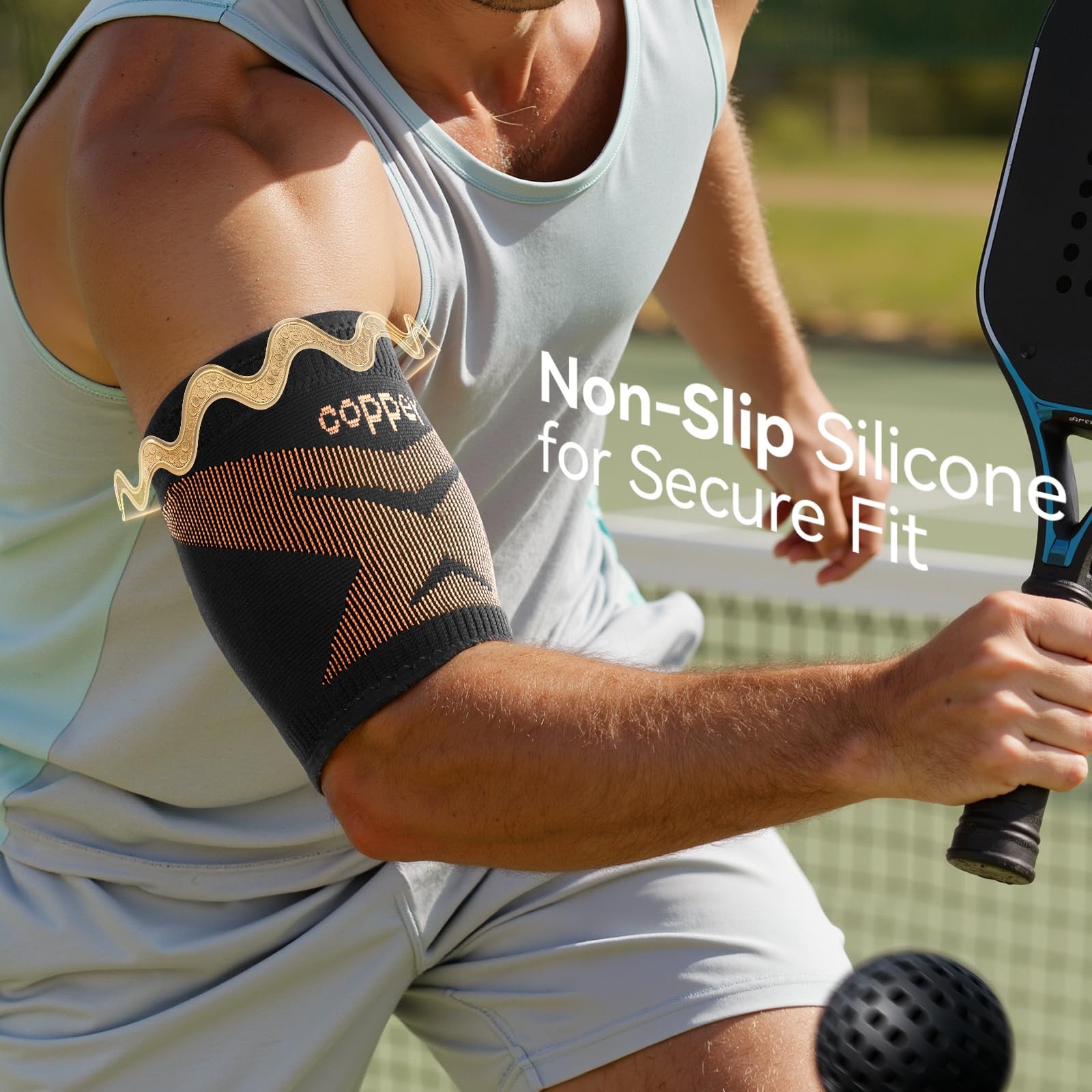Copper Bicep Tendonitis Brace, Upper Arm Compression Sleeve Large, Deep Gold