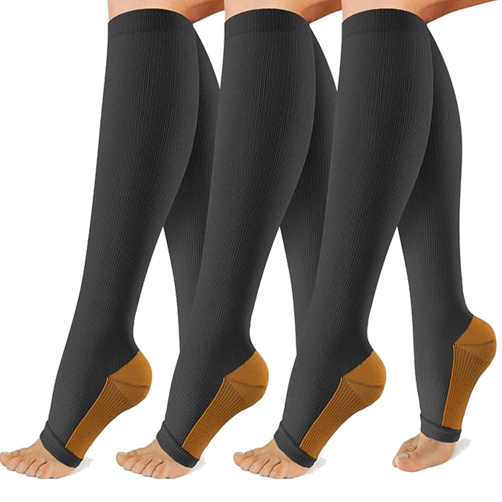 3 Pack Copper Compression Socks, 20-30mmHg, Open Toe, Knee High, Support