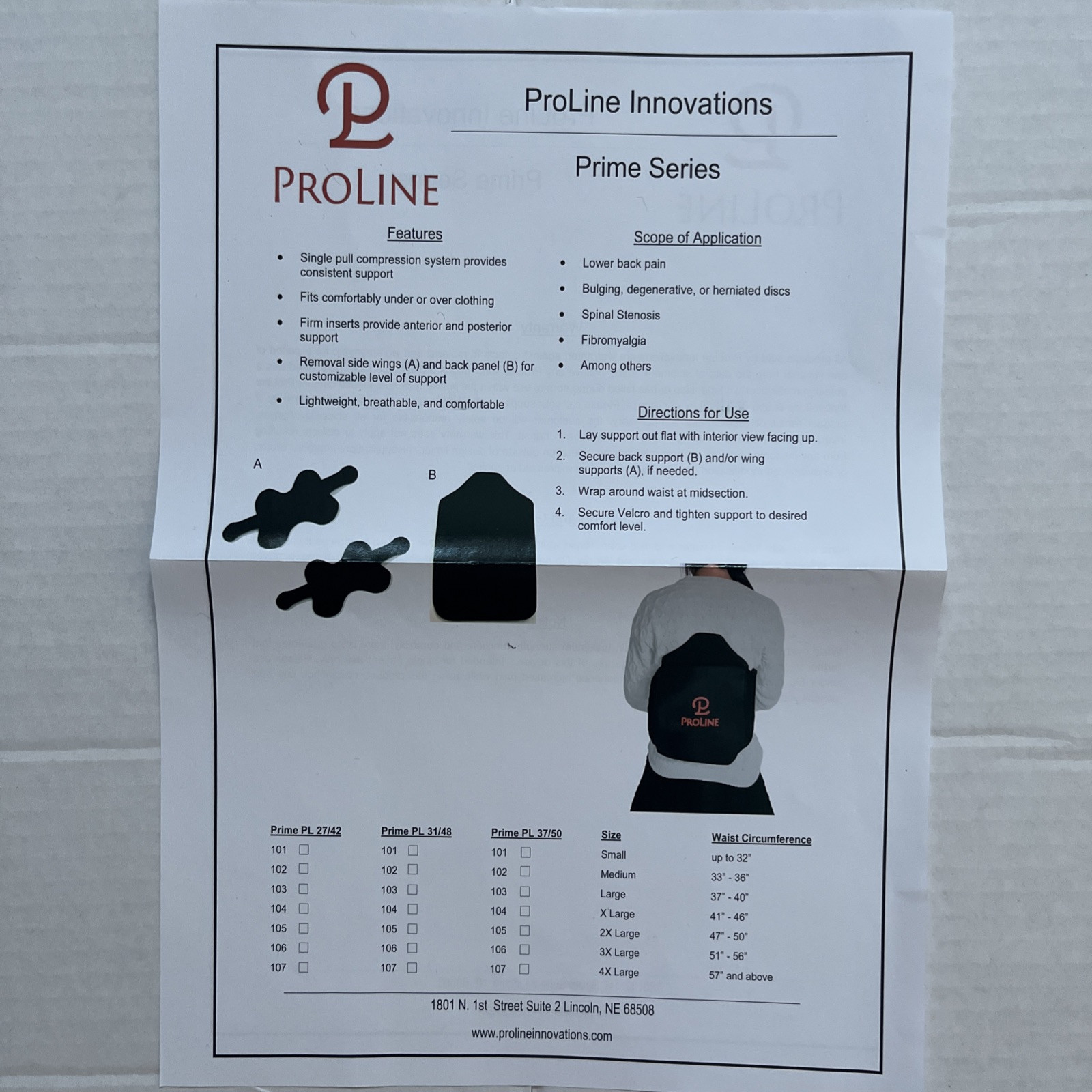 ProLine Innovations Prime Series Back Support Brace XL Waist Universal Size