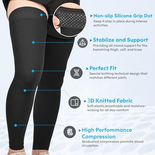 Full Leg Compression Sleeves, Unisex, Thigh High Compression Small All Black