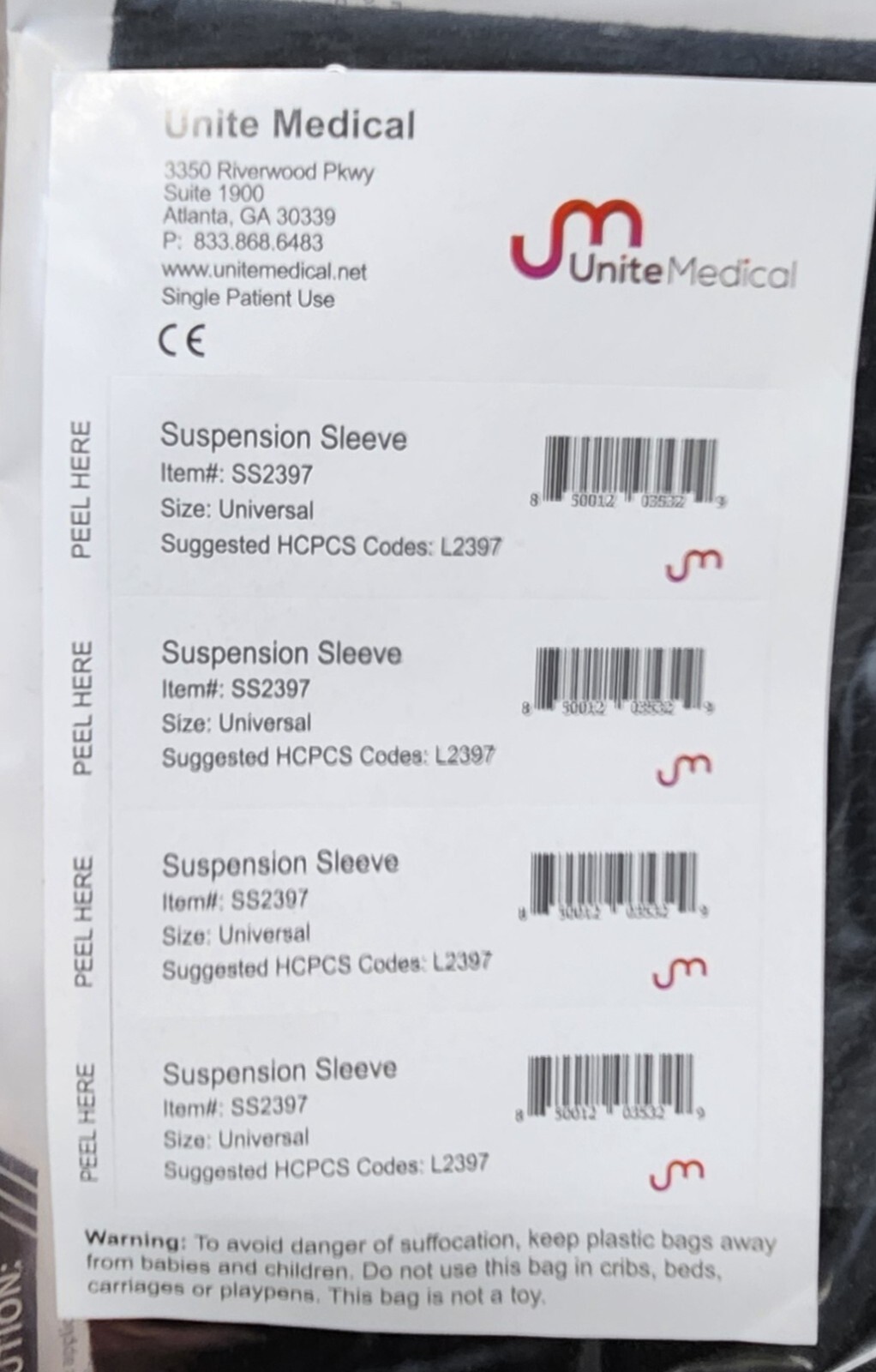 LOT of 2 ~ UNITE Medical Suspension Sleeve (UNIVERSAL) L2397 Black New