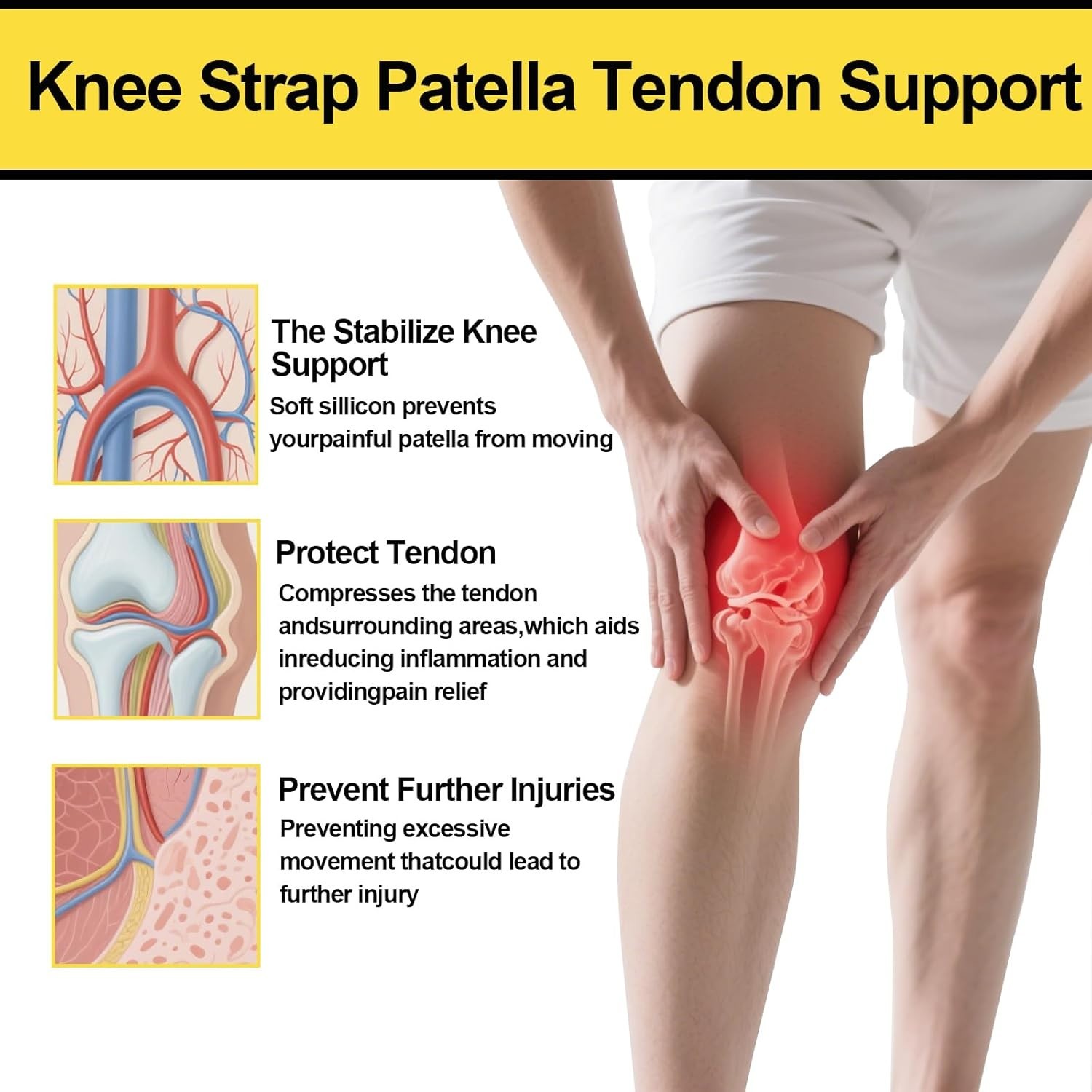 2 Pack Patellar Tendon Support Strap,Adjustable Silicone Patella Knee Strap f…