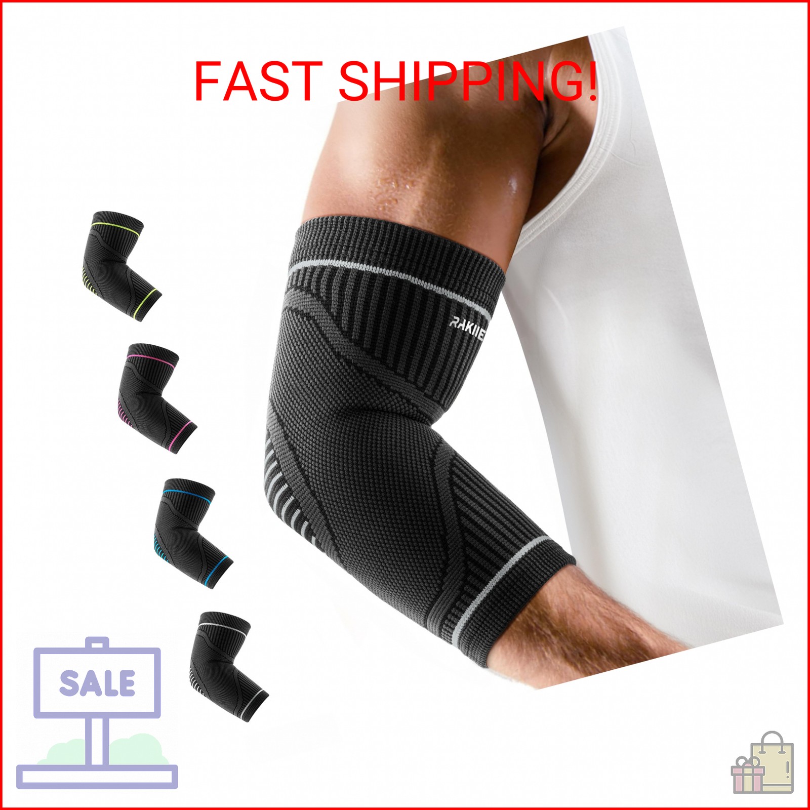 Rakiie Elbow Compression Sleeve 2 Pack, High Elastic Elbow Brace for Tendonitis