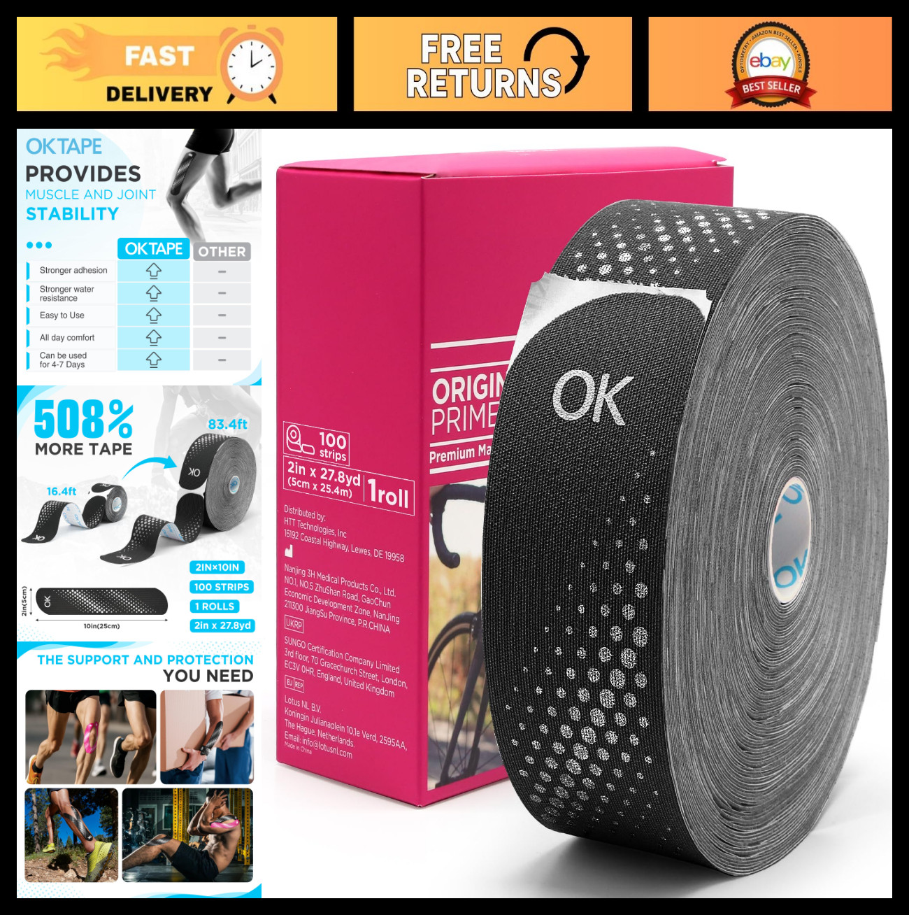 Kinesiology Tape 100 Strips 2″ x 27.8yd – Waterproof Athletic Muscle Support, Bl
