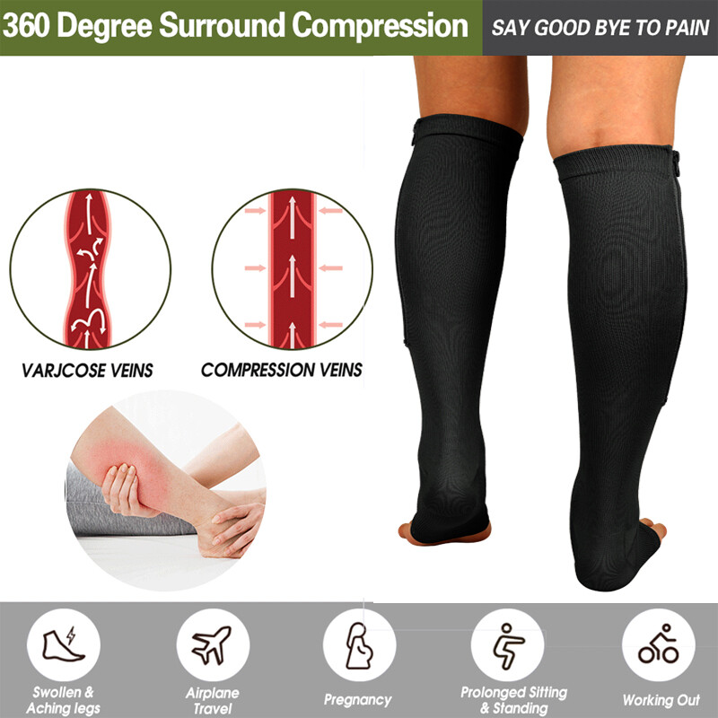 1 Pair Open Toe Stockings Compression Socks 20-30mmgh Unisex Black Or Beige