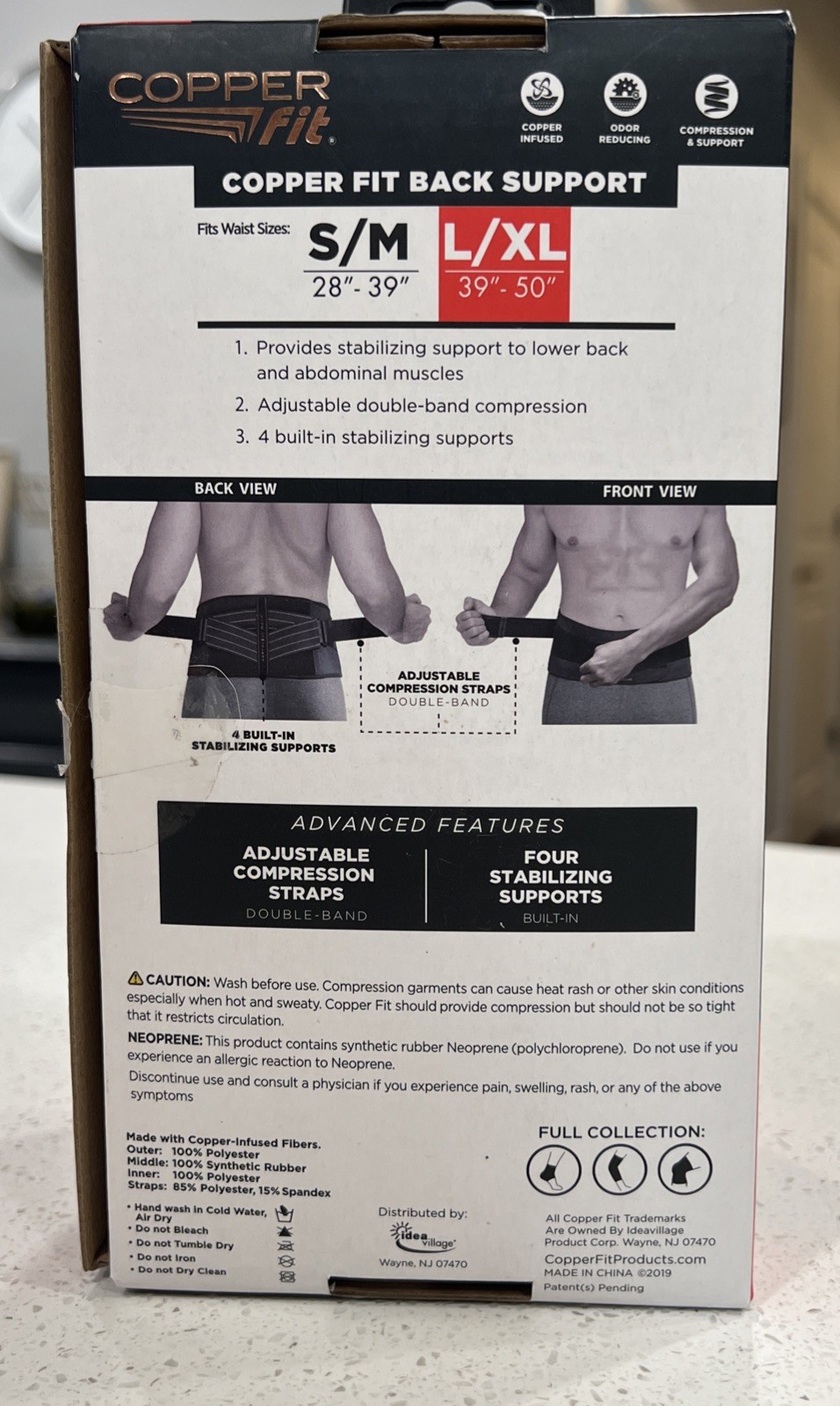 Copper Fit Black Back Pro Compression & Support Adjustable Straps L /XL Open box