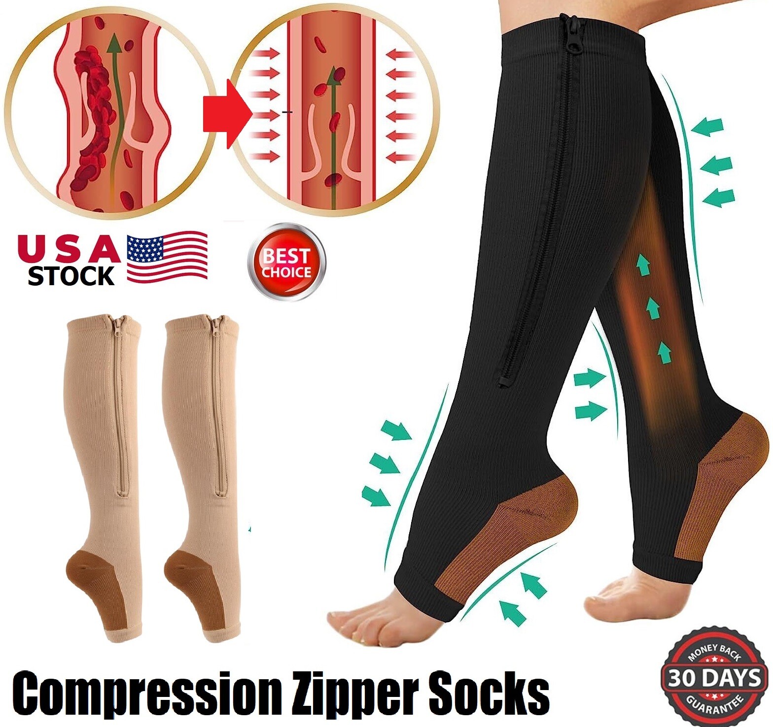 Zip Up Open Toe Compression Zipper Socks Calf Support Stockings Women Men Gift