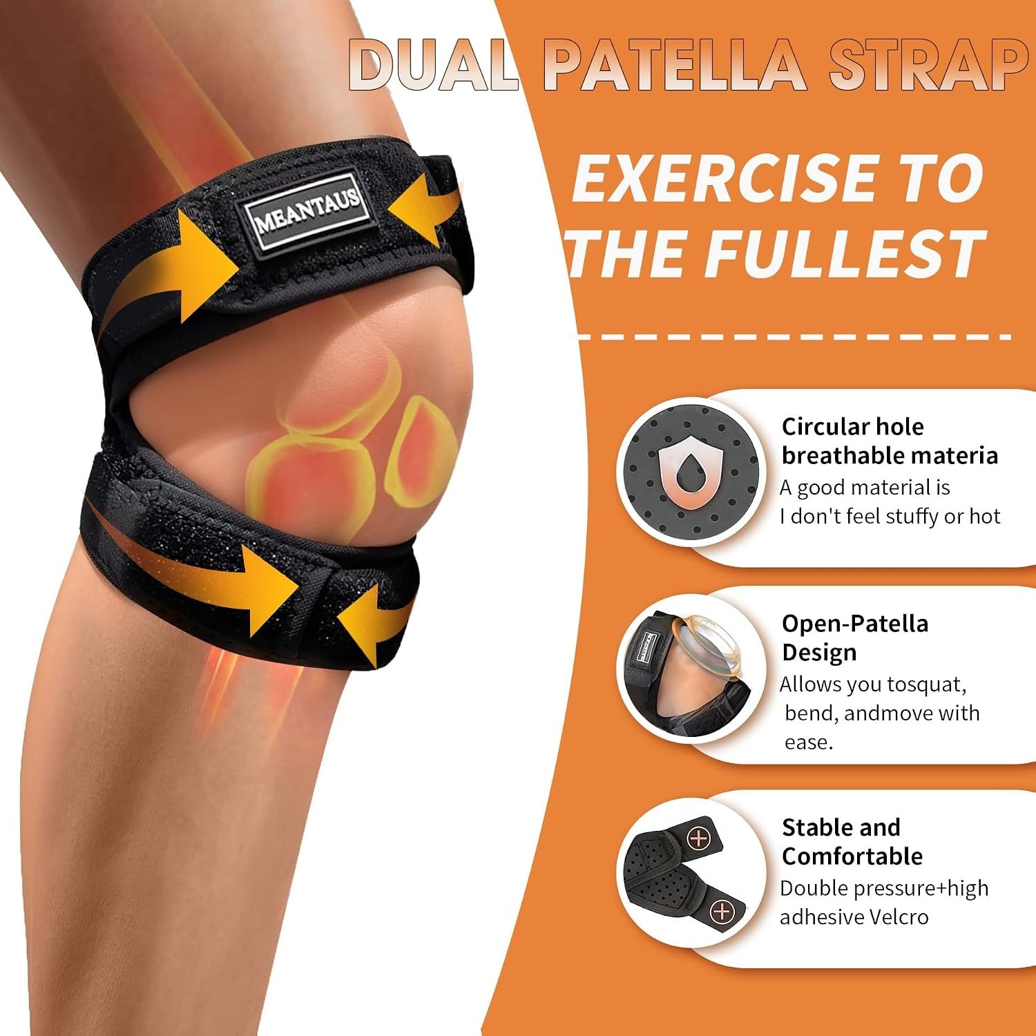 Dual Patella Knee Strap 2-Pack Adjustable Open Patella Brace Black Size L