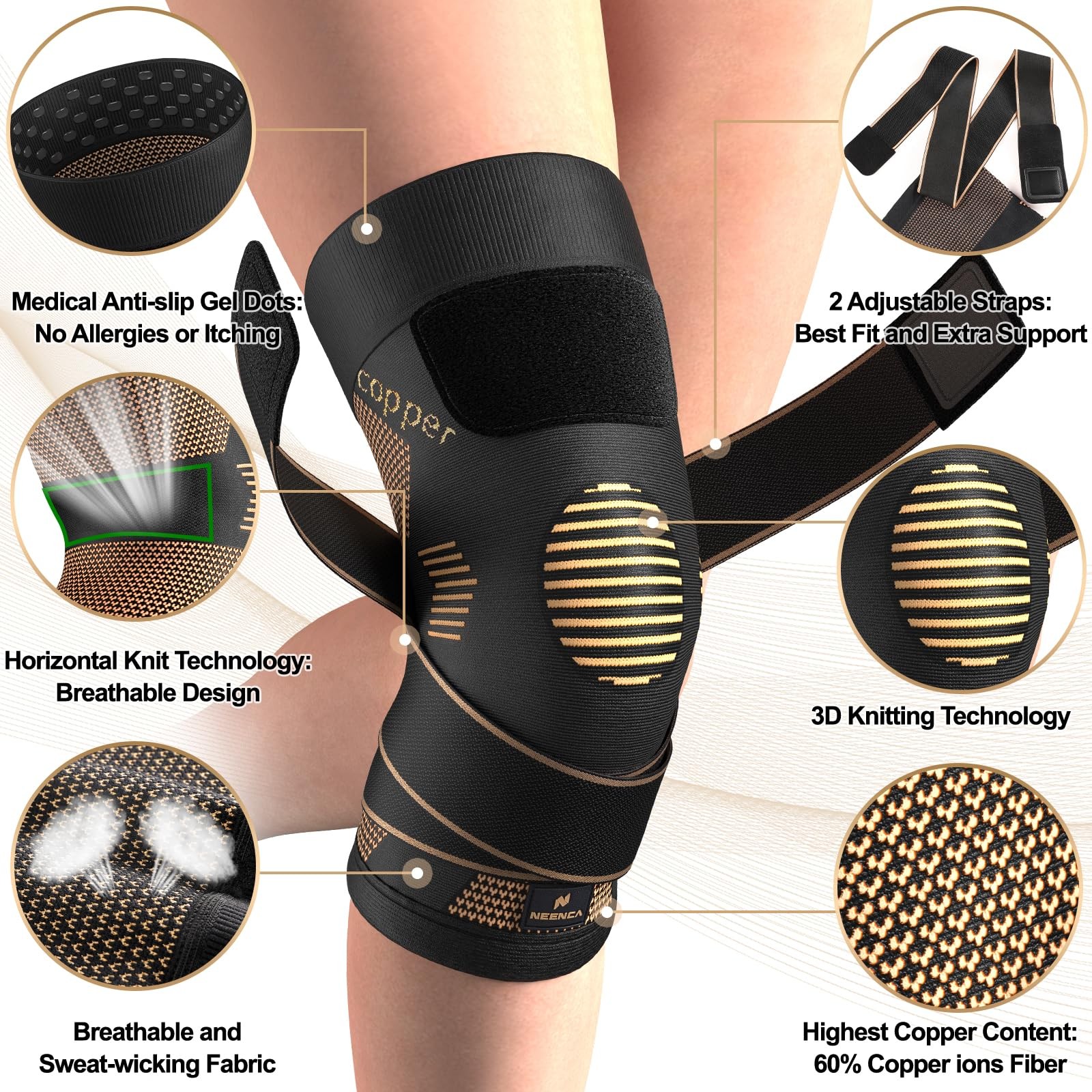 NEENCA Copper Knee Brace with Straps for Medium, High Copper-Single