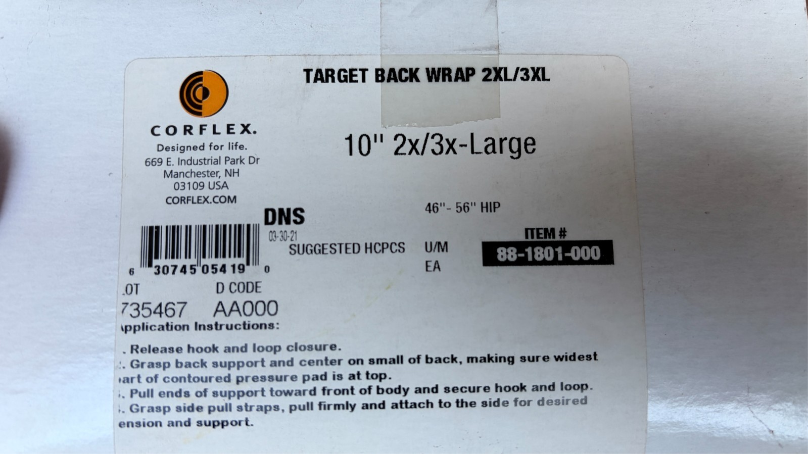 Corflex 10″ Target Back Wrap 2XL 3XL 46″-56″ HIP