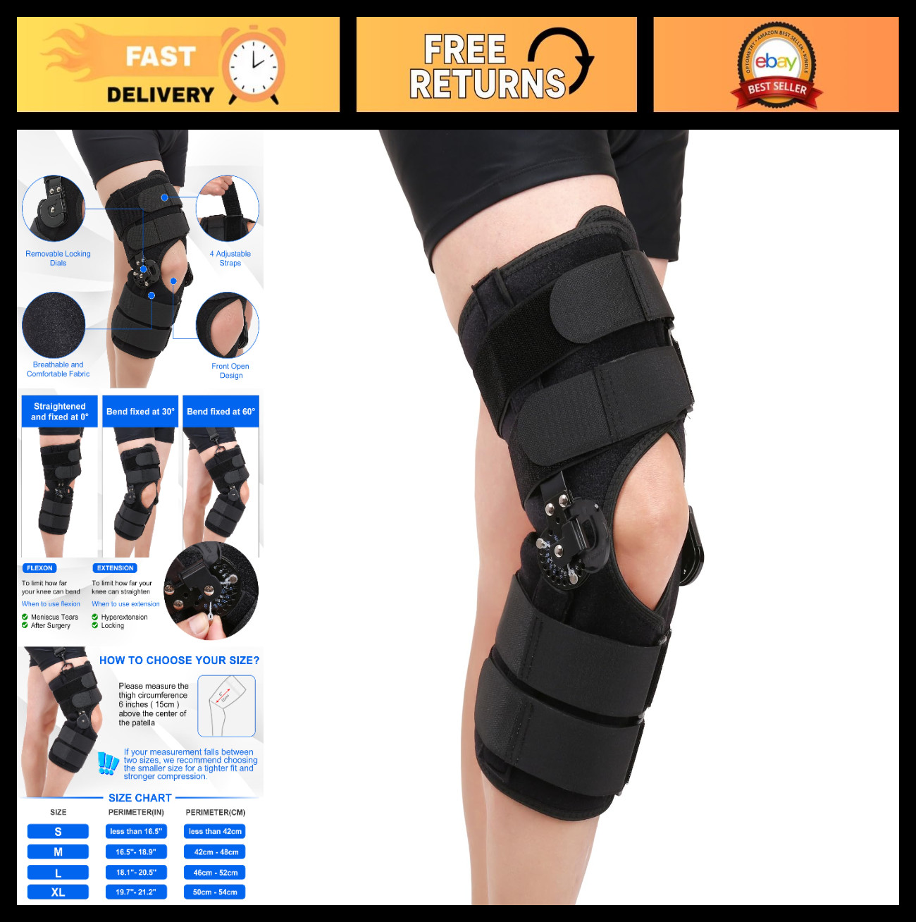 Hinged ROM Knee Brace with Stabilizers – Post Op Immobilizer for Arthritis & ACL