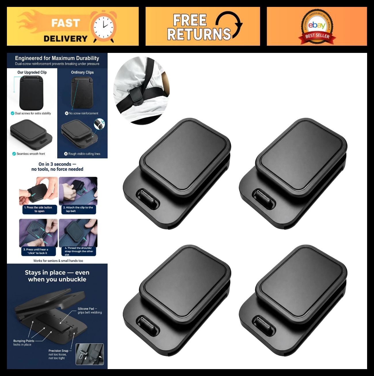 4-Pack Shoulder Belt Comfort Clips for Neck & Shoulder Relief, Anti-Slip Seatbel