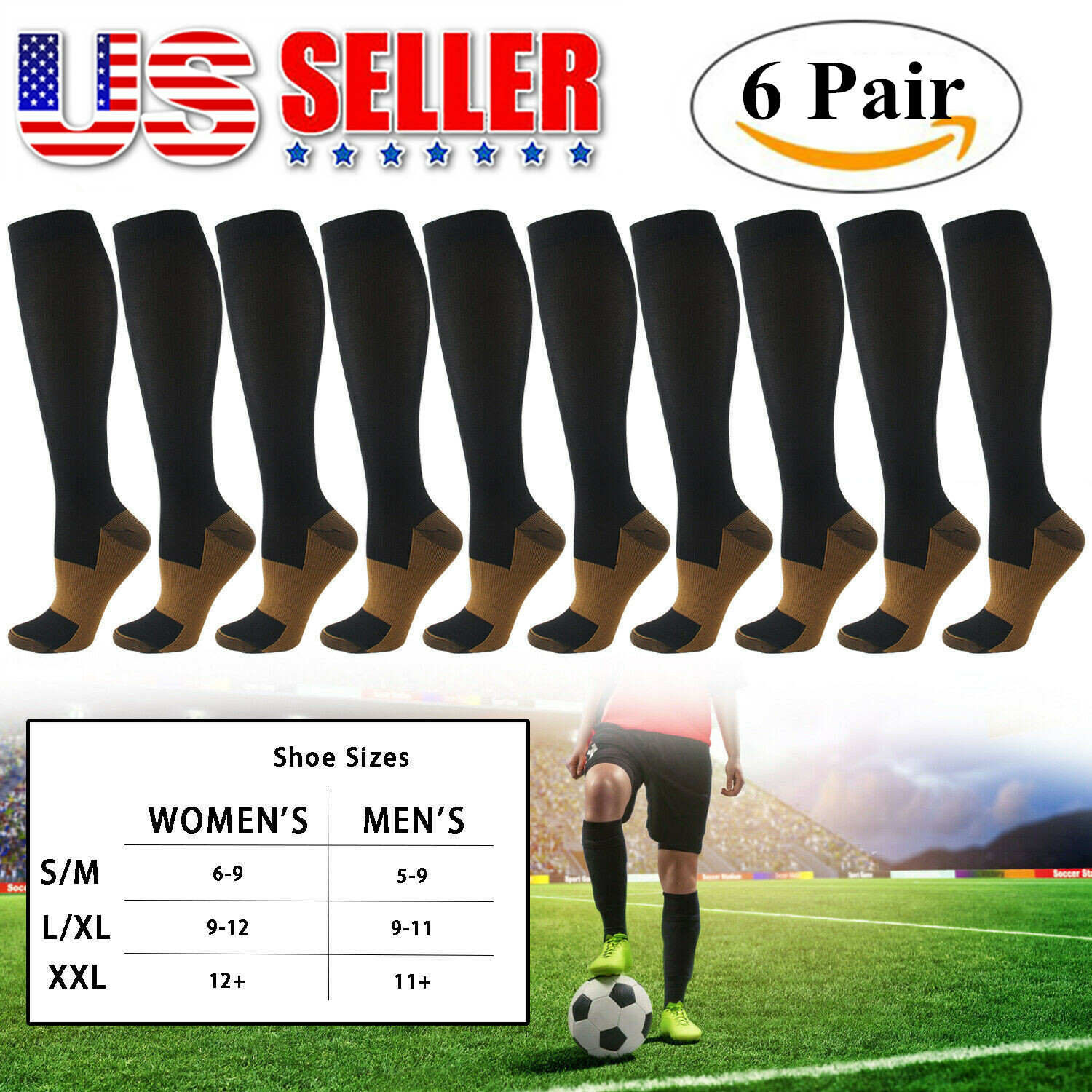 (6 Pairs) Copper Compression 20-30mmHg Graduated Support Socks Mens Womens S-XXL