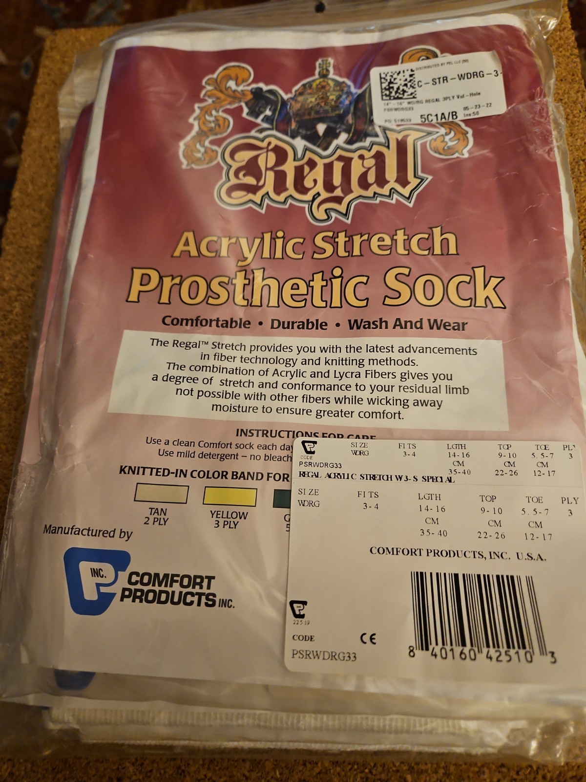 Regal Acrylic Stretch Prosthetic Sock Fits 3-4, Length 14-16, 3 Ply