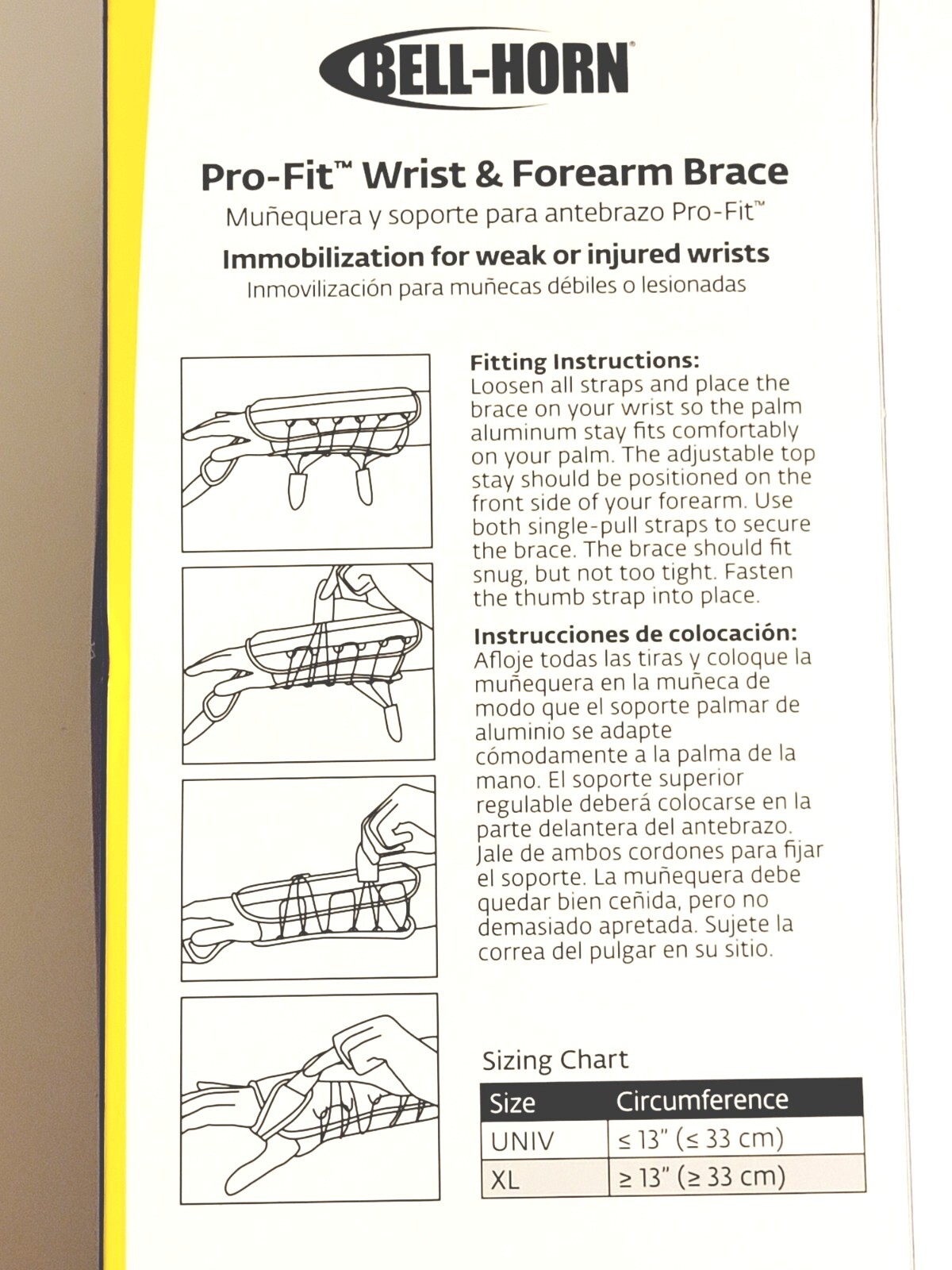 Bell-Horn Pro-Fit Universal Wrist & Forearm Brace- XL -RIGHT Hand Sprain Strains
