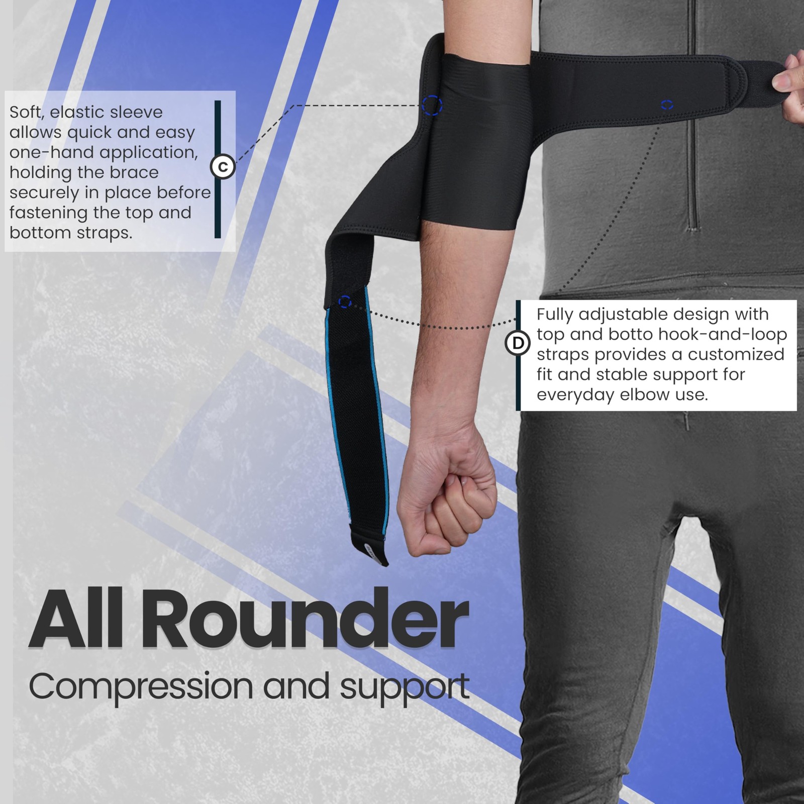 Adjustable Elbow Brace| Double Strap Compression One Size, Black-Blue
