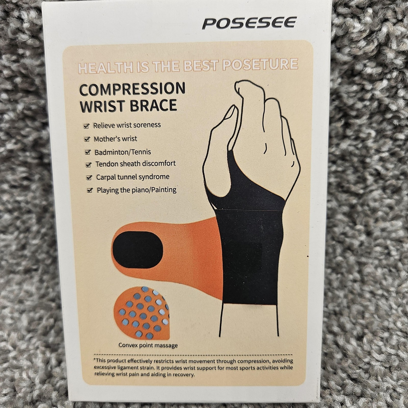 POESEE Compression Wrist Brace One Size Wrist Support Carpal Tunnel Gray-Orange