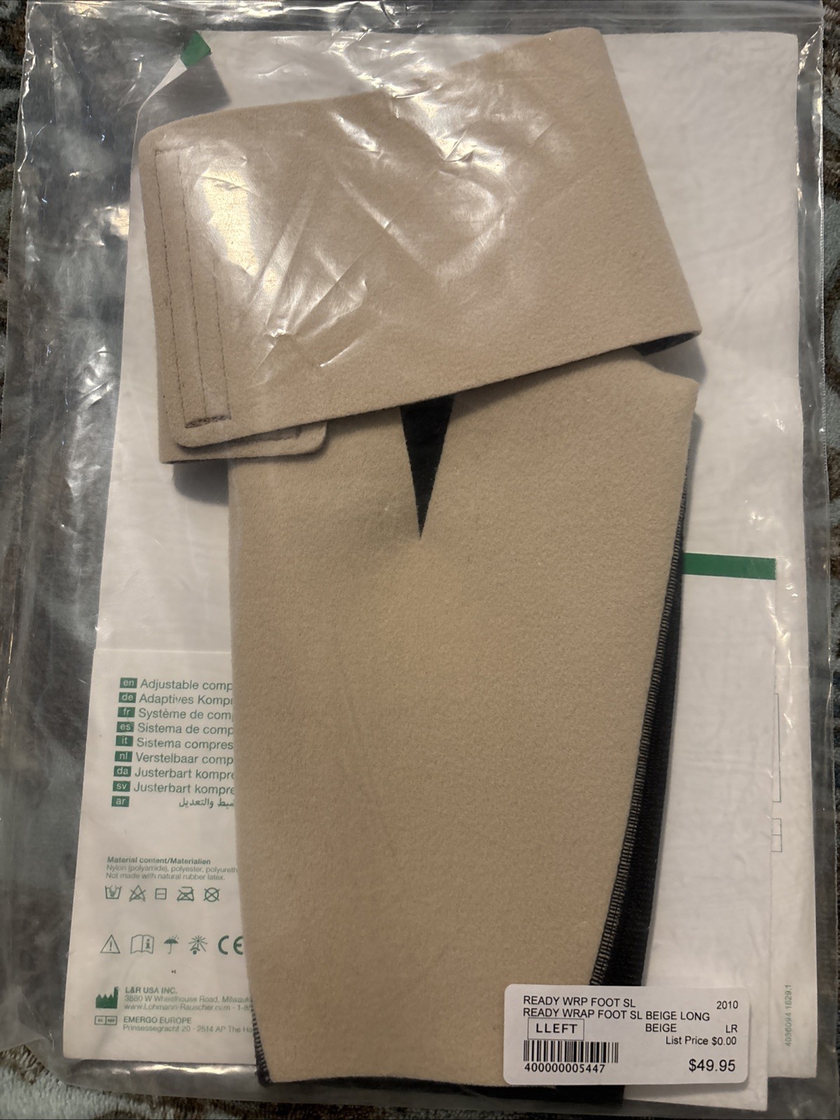 L&R Ready Wrap Compression Foot wrap SL. Size Large Long Left Beige New