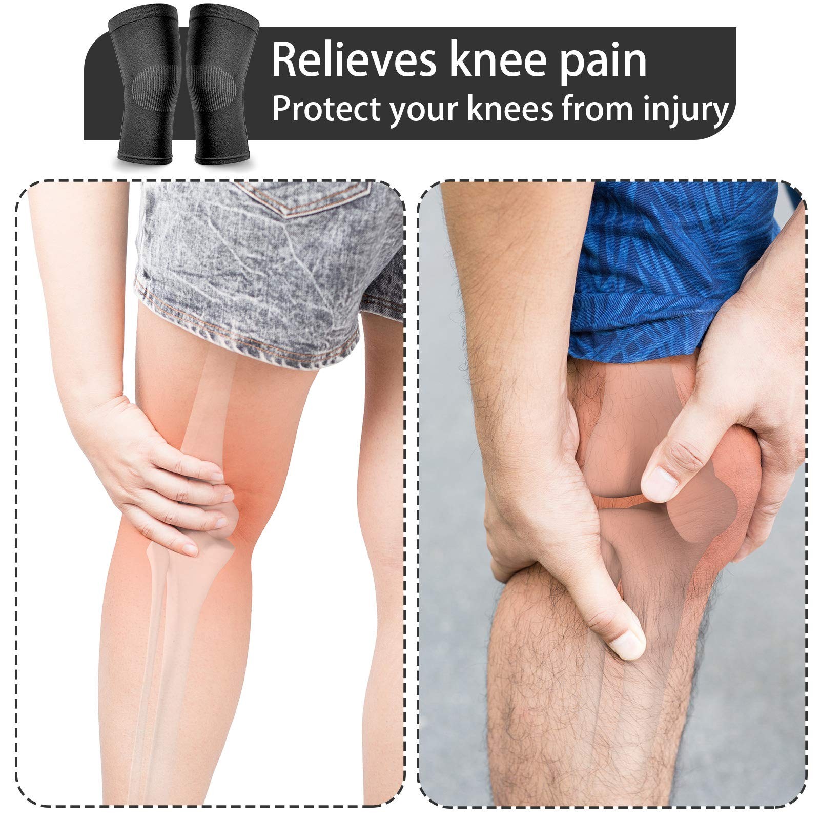 2 Pair Knee Brace Compression Sleeves 2 (Pack of 1), Black, Beige