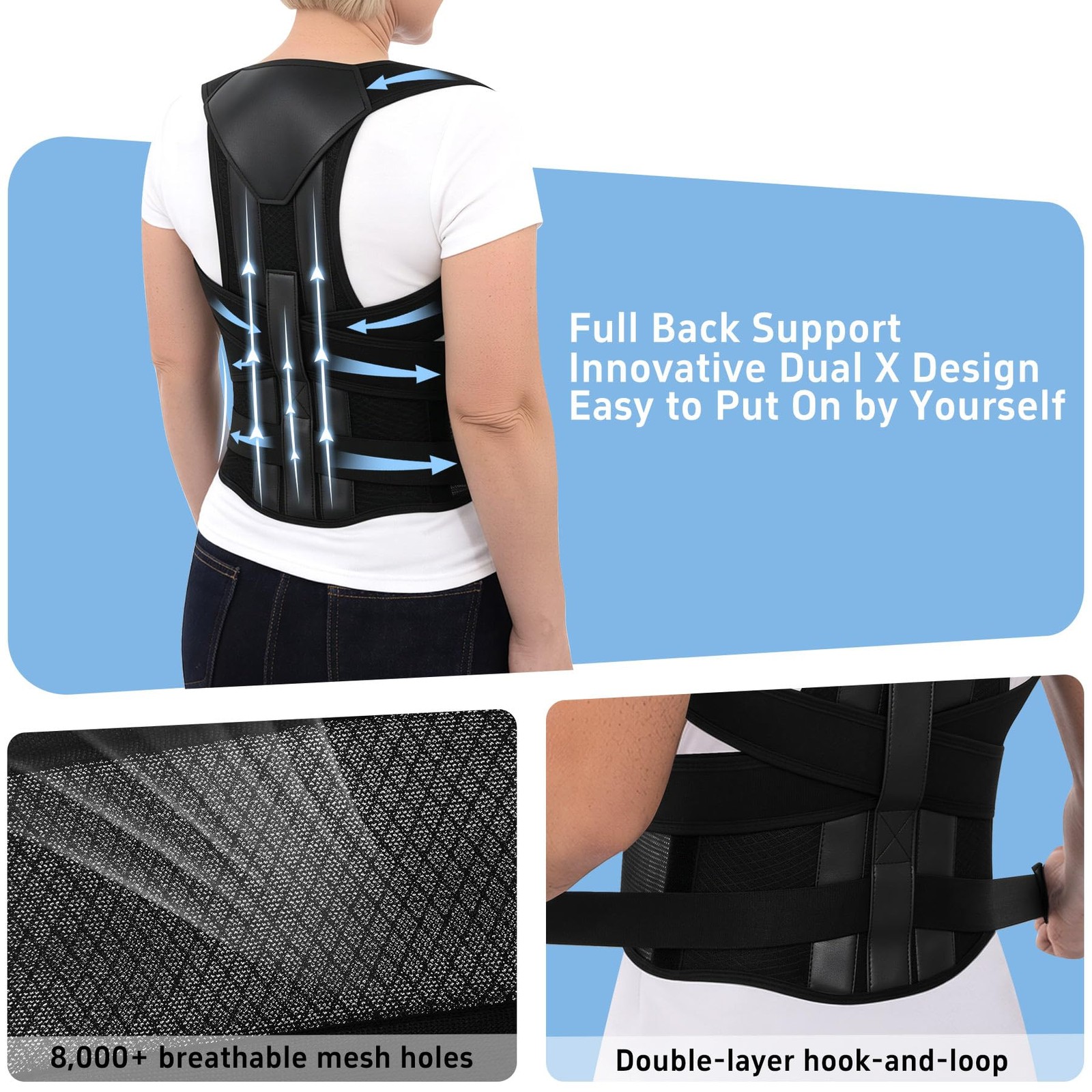 QFE Posture Corrector Back Brace for Men and Women Upper Medium, Black