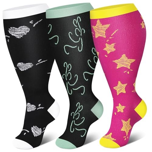 3 Packs Wide Calf Compression Socks for Large Printed-black Black Red Stars