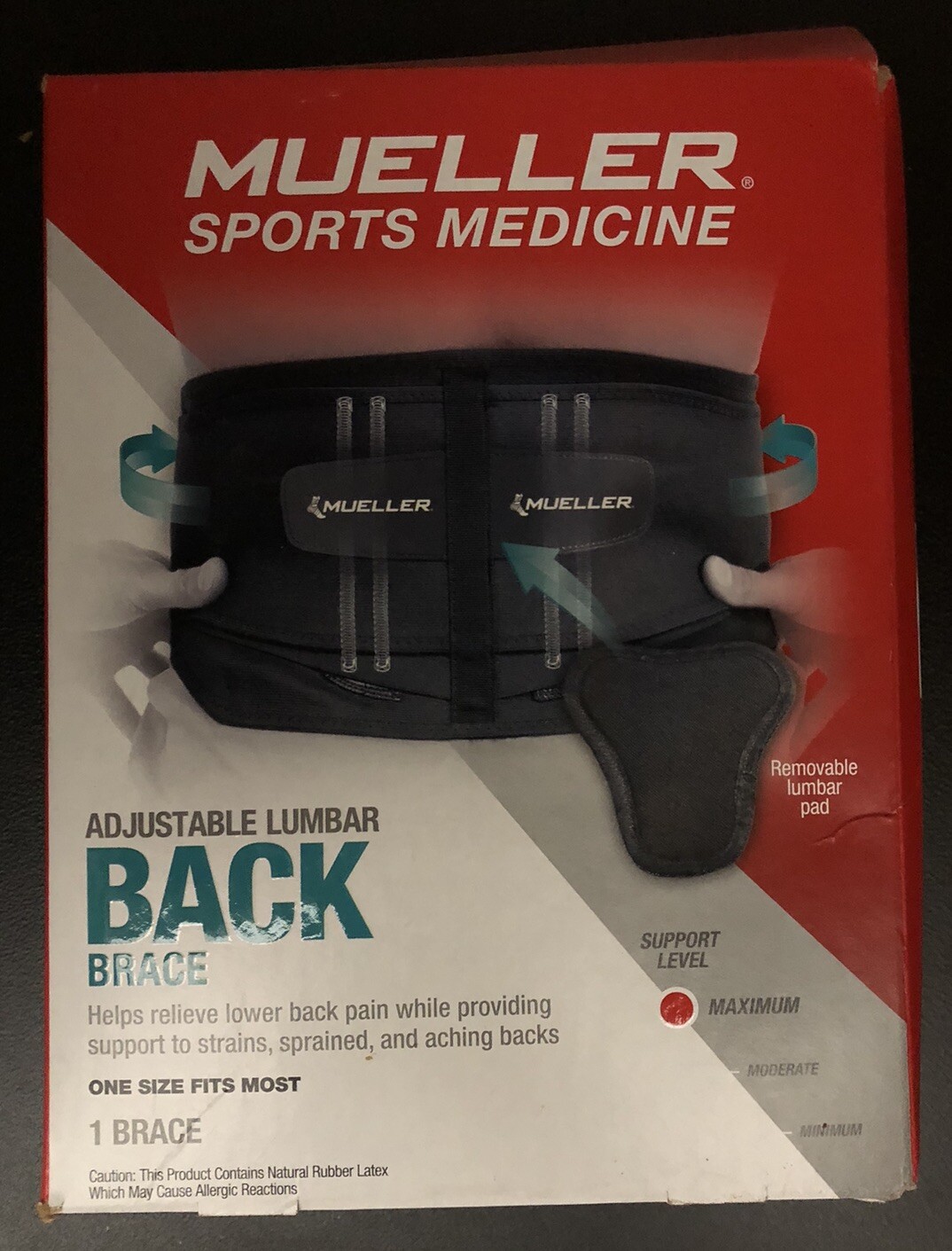 MUELLER LUMBAR BACK BRACE * Adjustable Moveable Lumbar Pad ONE SIZE FITS: 28-50″