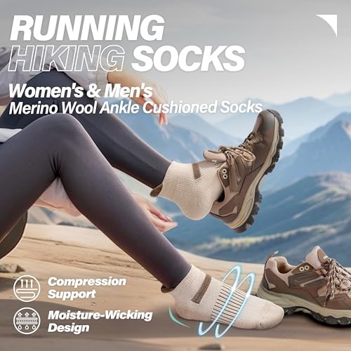 6 Pairs Merino Wool Ankle Running Hiking Socks Compression Large Brown Beige
