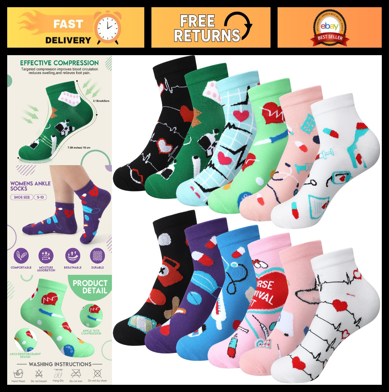 12 Pairs Compression Ankle Socks for Women – 15-20 mmHg Support, Medical Use