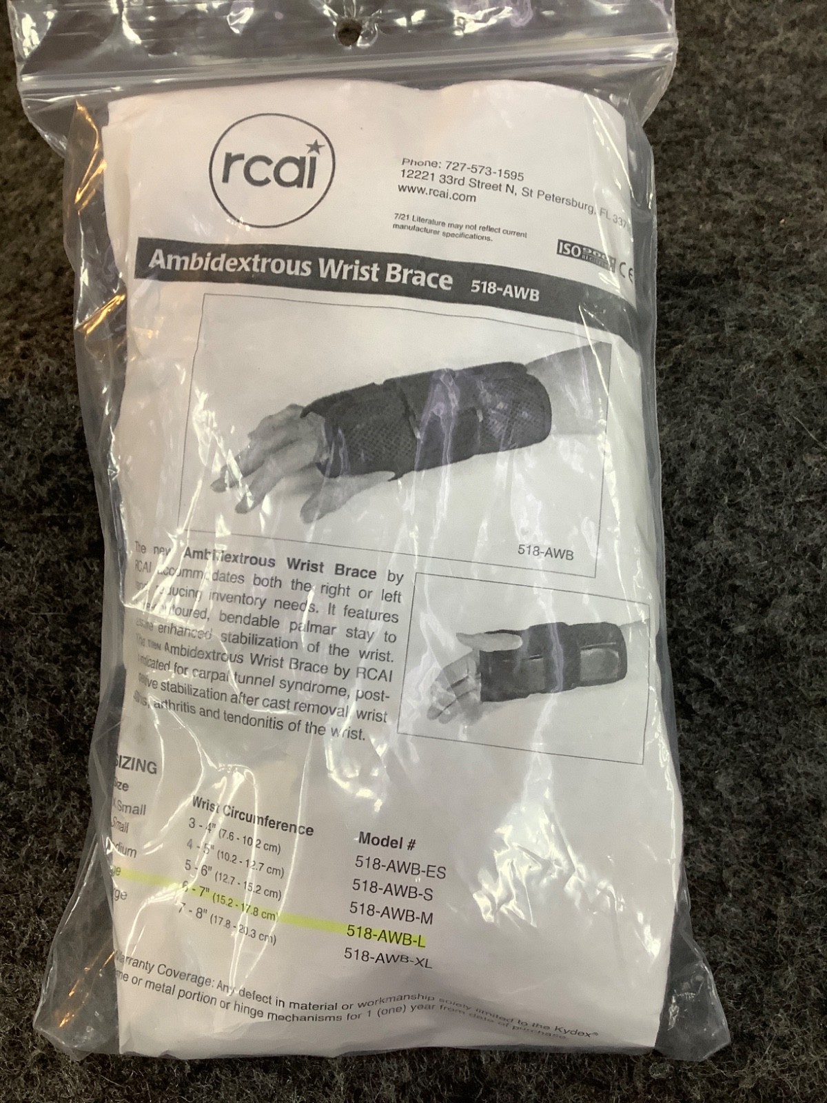 RCAI, AMBIDEXTROUS WRIST BRACE, #518-AWB-L, (FITS LGE WRIST CIRCUMFERENCE 6-7″)