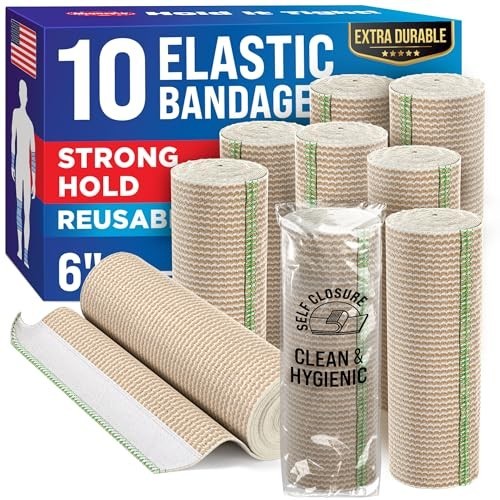 Elastic Bandage Wraps 6” (10 Pack) – Strong Compression Self-Closing for Legs, K