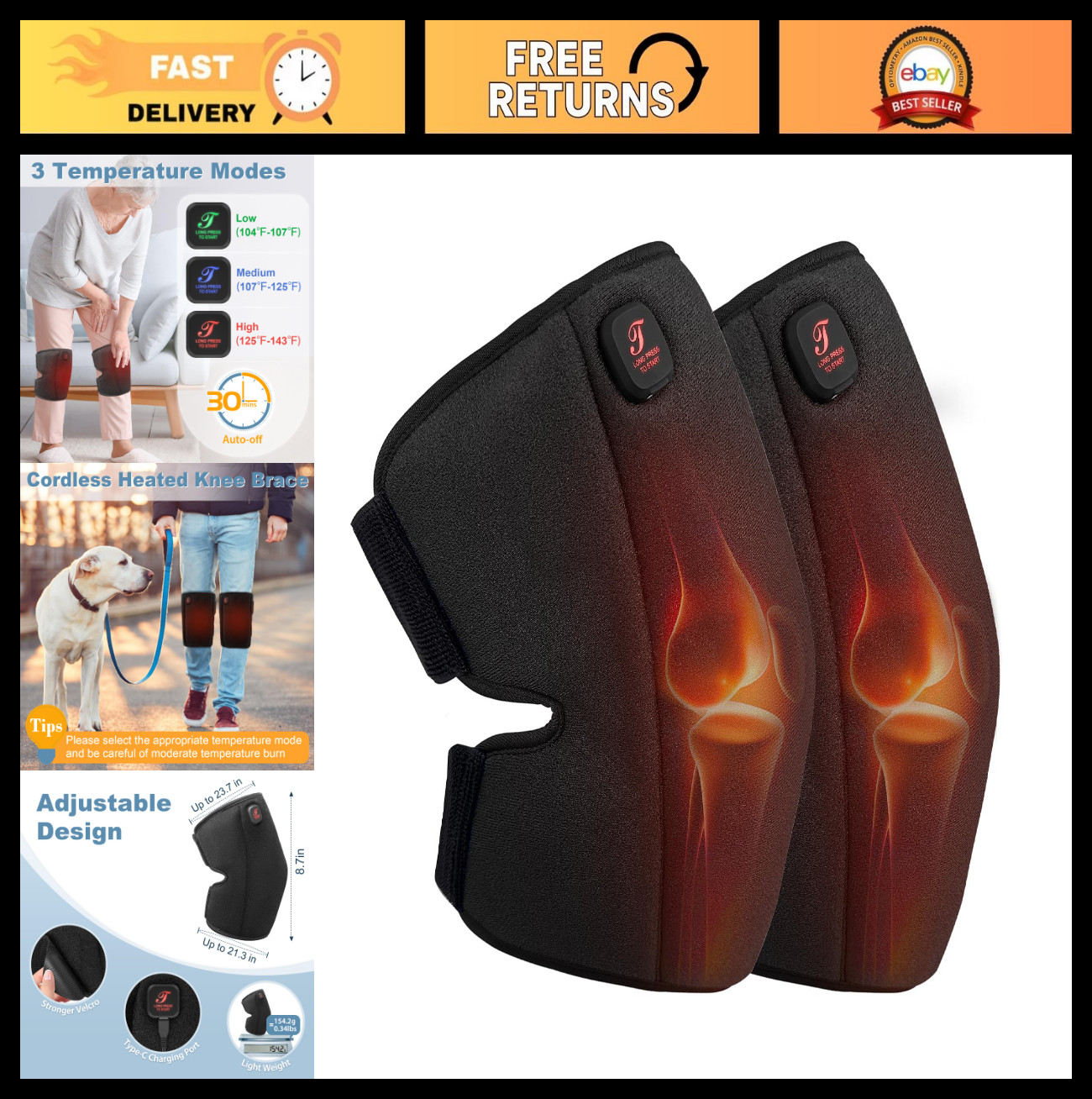 Cordless Heated Knee Brace Pad for Arthritis Relief, 3 Heat Settings, Battery Op