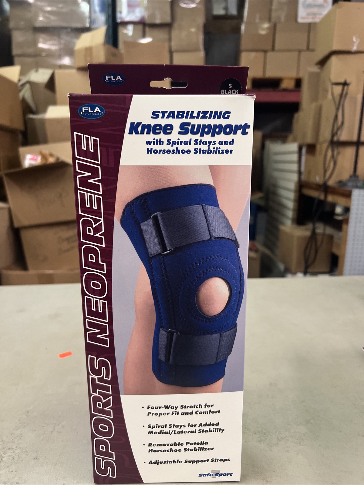 FLA Small Stabilizing Knee Support w/Spiral Stays & Horseshoe Stabilizer Blk NIB
