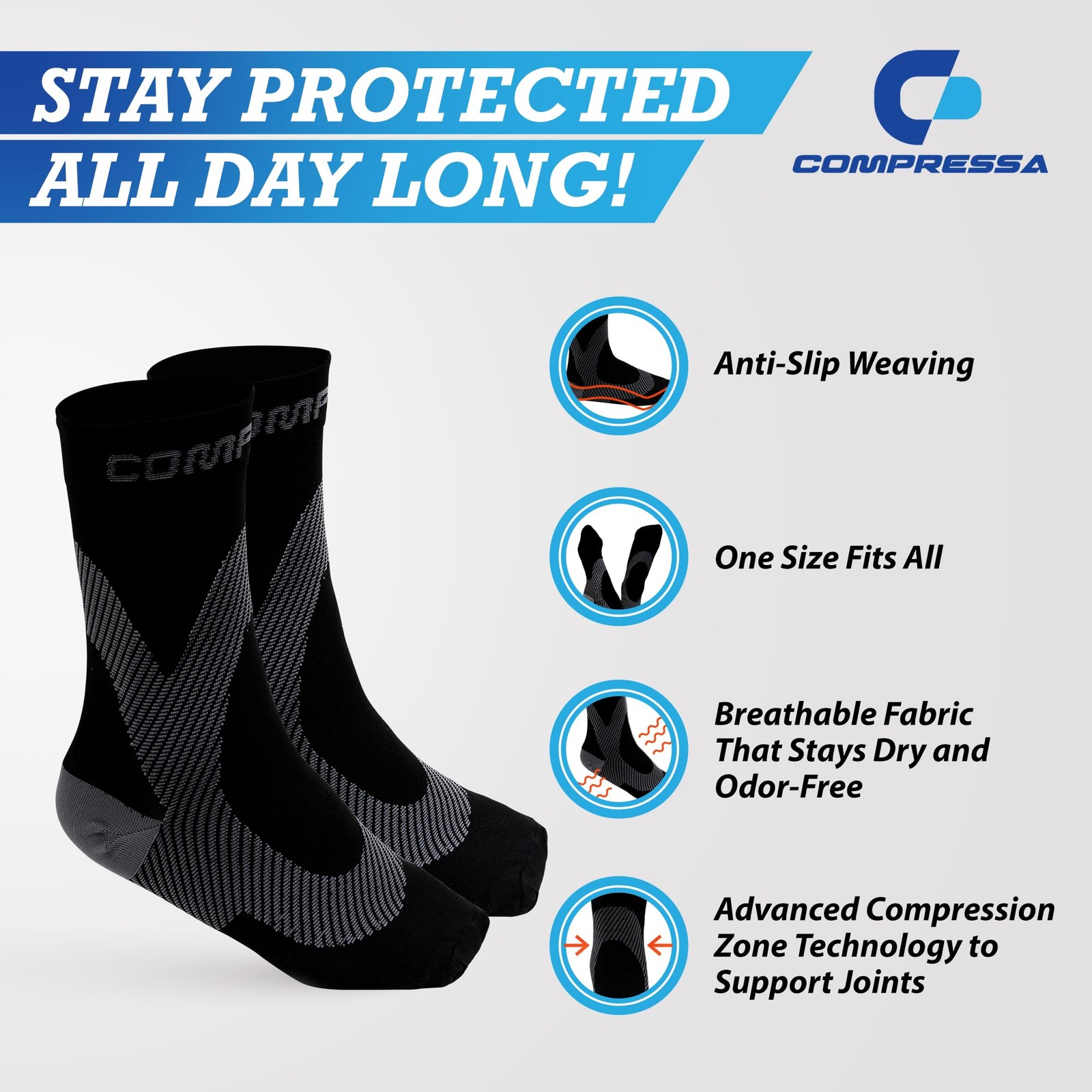 Compressa Compression Socks for Women & Men – Ankle Closed Toe, Black/Grey