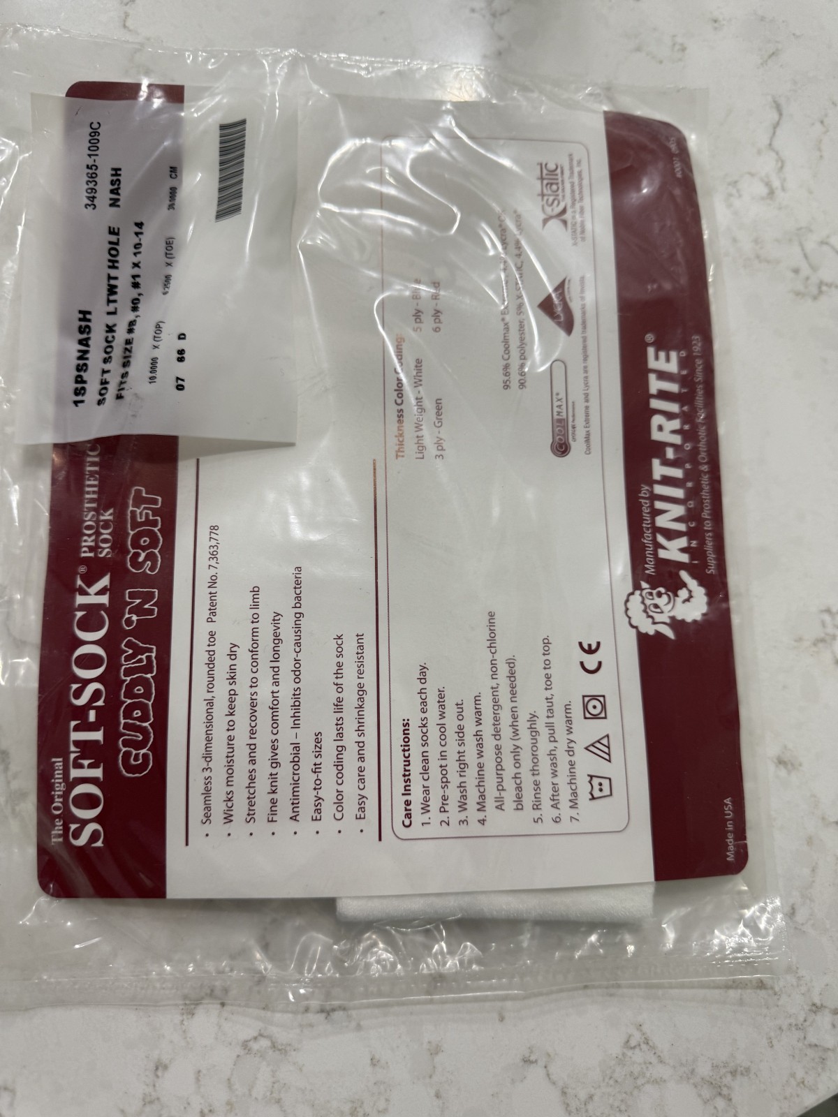 Knit-Rite SOFT SOCK LTWT HOLE Prosthetic Sock – Fits #B, #0, #1 x 10-14 NEW