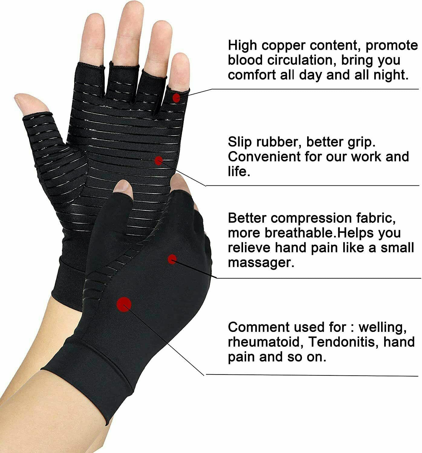 Copper Compression Arthritis Gloves Men Women Half Finger Pain Relief Gloves
