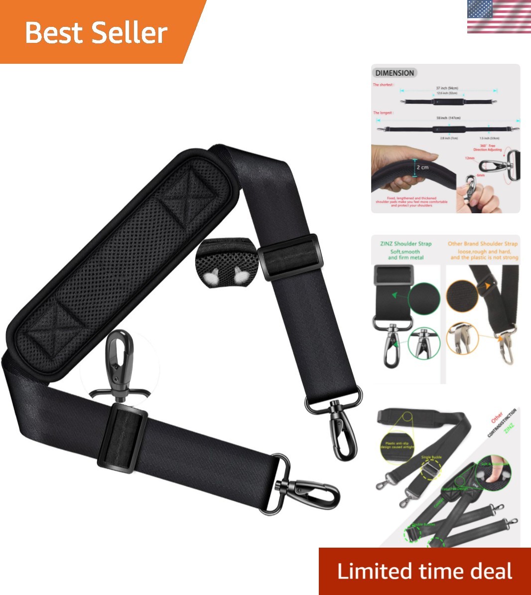 Shoulder Strap 58″ Ultra-Thick Fixed Padded and Adjustable Buckles Crossbody …
