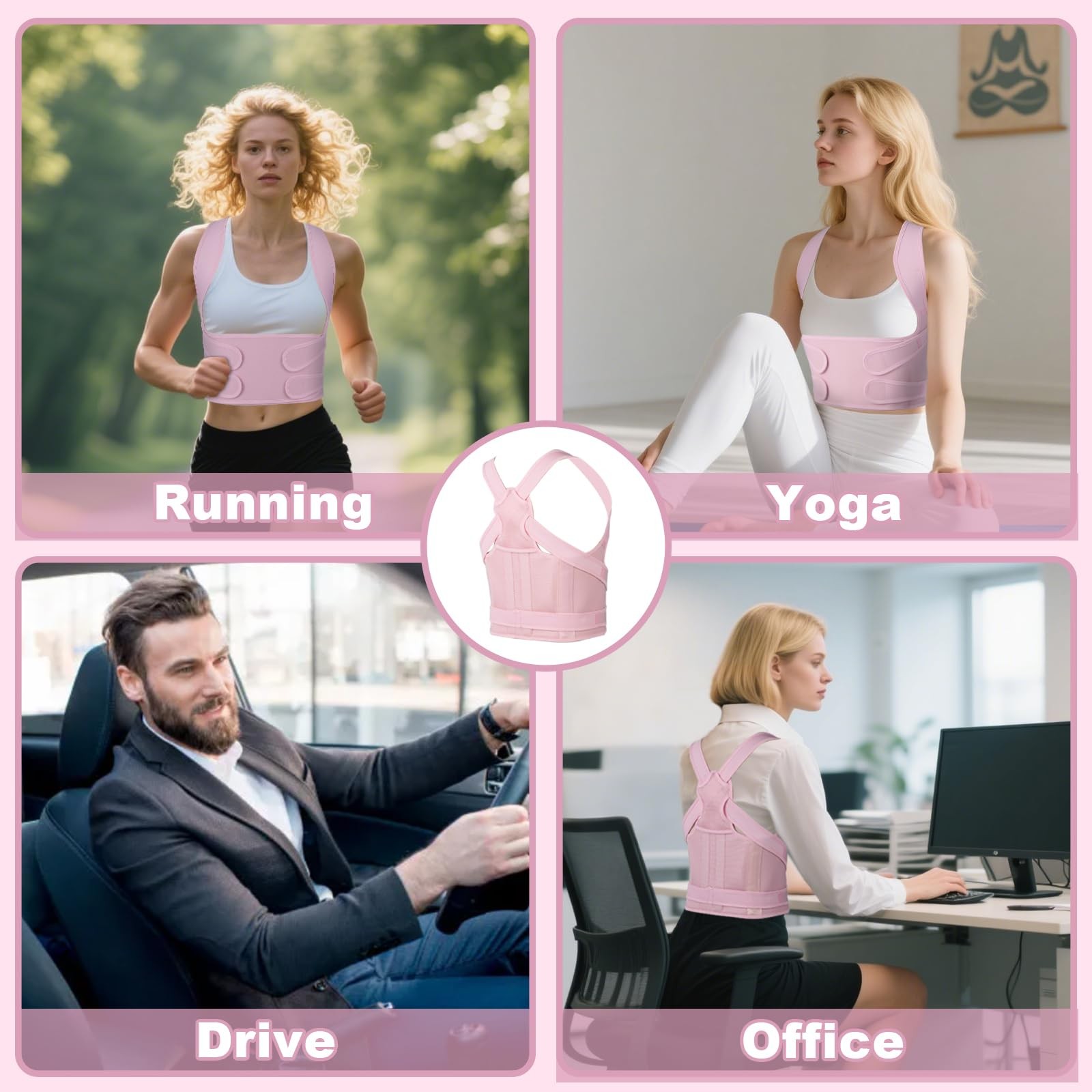 Posture Corrector for Women and Men,4 In 1 Adjustable Full Back Large, Pink