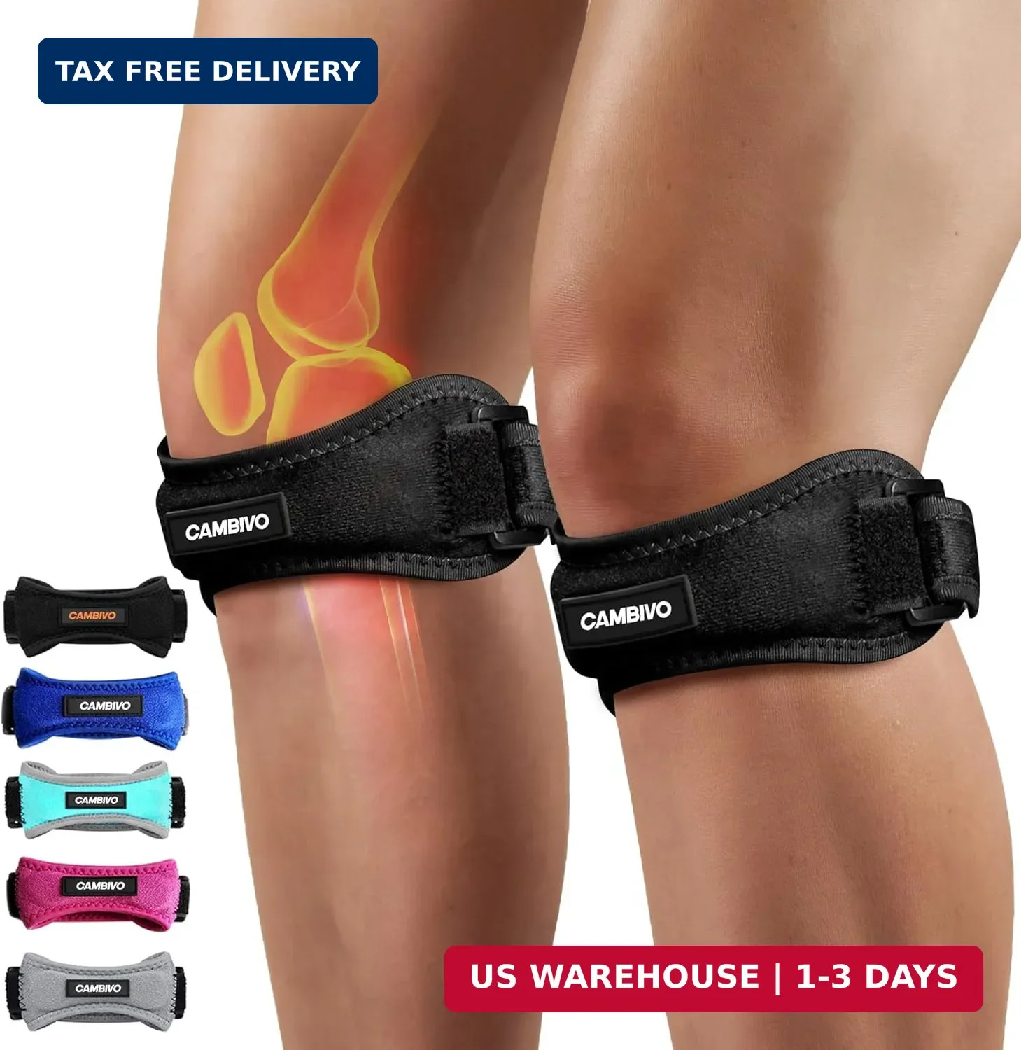 CAMBIVO 2 Pack Patella Tendon Knee Straps, Knee Brace for Women & Men with Extra