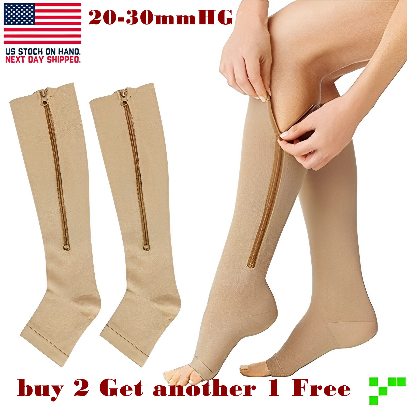 Zipper Compression Socks 20-30 mmhg Open Toe Stockings Knee High Anti Embolism