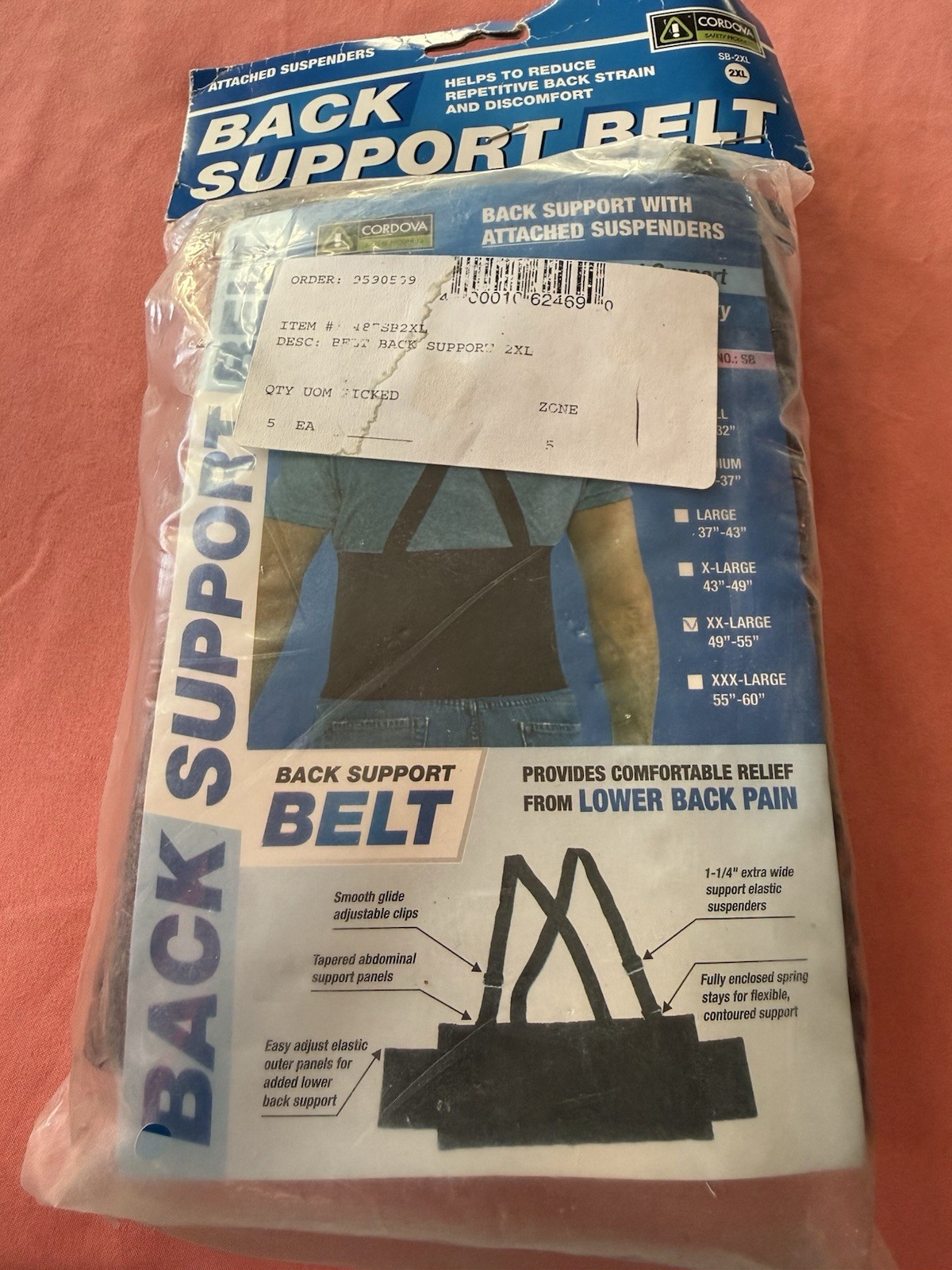 Cordova Back Support Belt Adjustable Suspenders Elastic Black 2XL SB-2XL