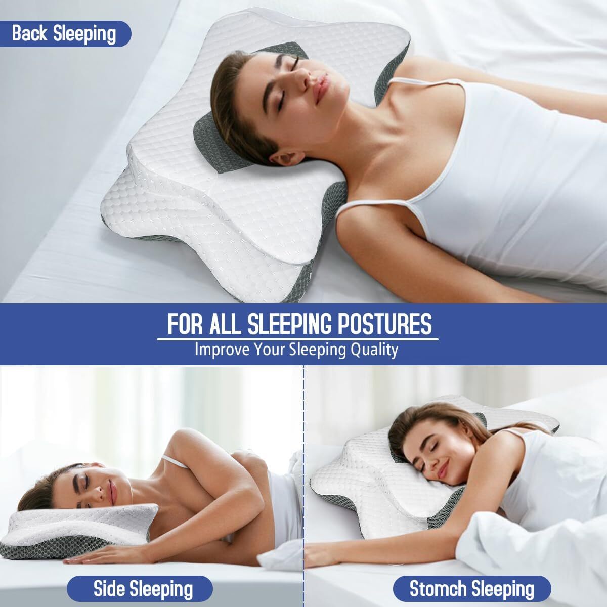 Cervical Pillow for Neck Pain Relief , Ergonomic Orthopedic Neck Support , Gray