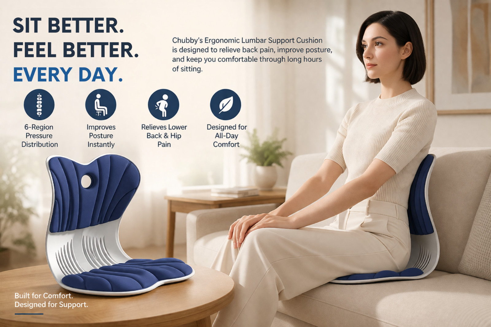 Blue Ergonomic Lumbar Support | Back Support with 6-Region Pressure Reliever