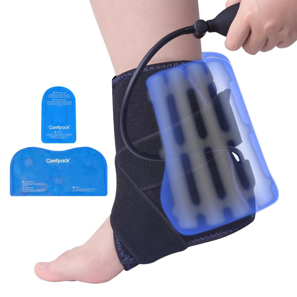 Comfpack Compression Ankle Ice Pack Wrap for Sprain & Fracture, Black