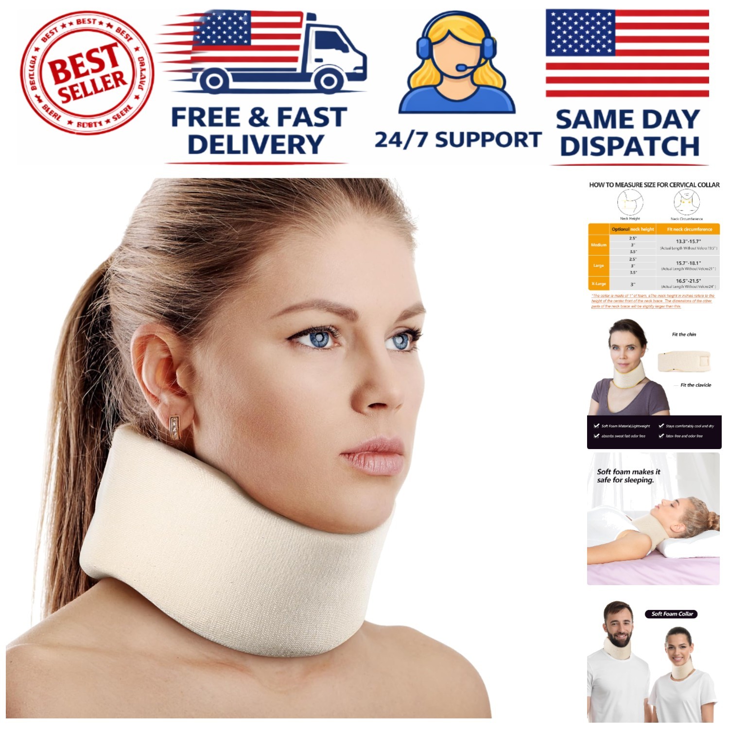 Adjustable Soft Foam Cervical Collar, 2.5″ Depth – Ideal Neck Support for Sleep