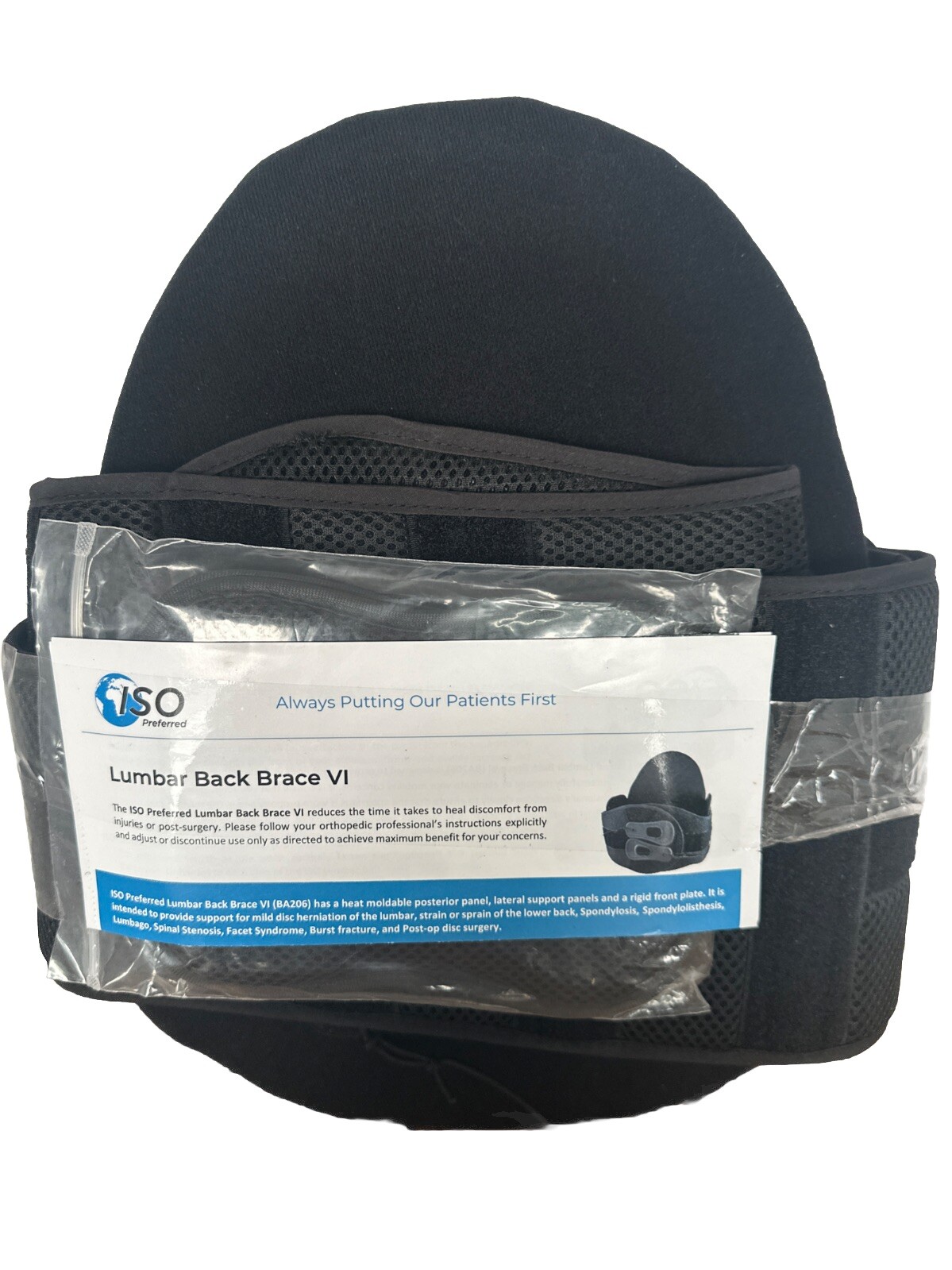 ISO Preferred Lumbar Back Brace VI ISO-BA206 Black Patient Care Posterior Panel