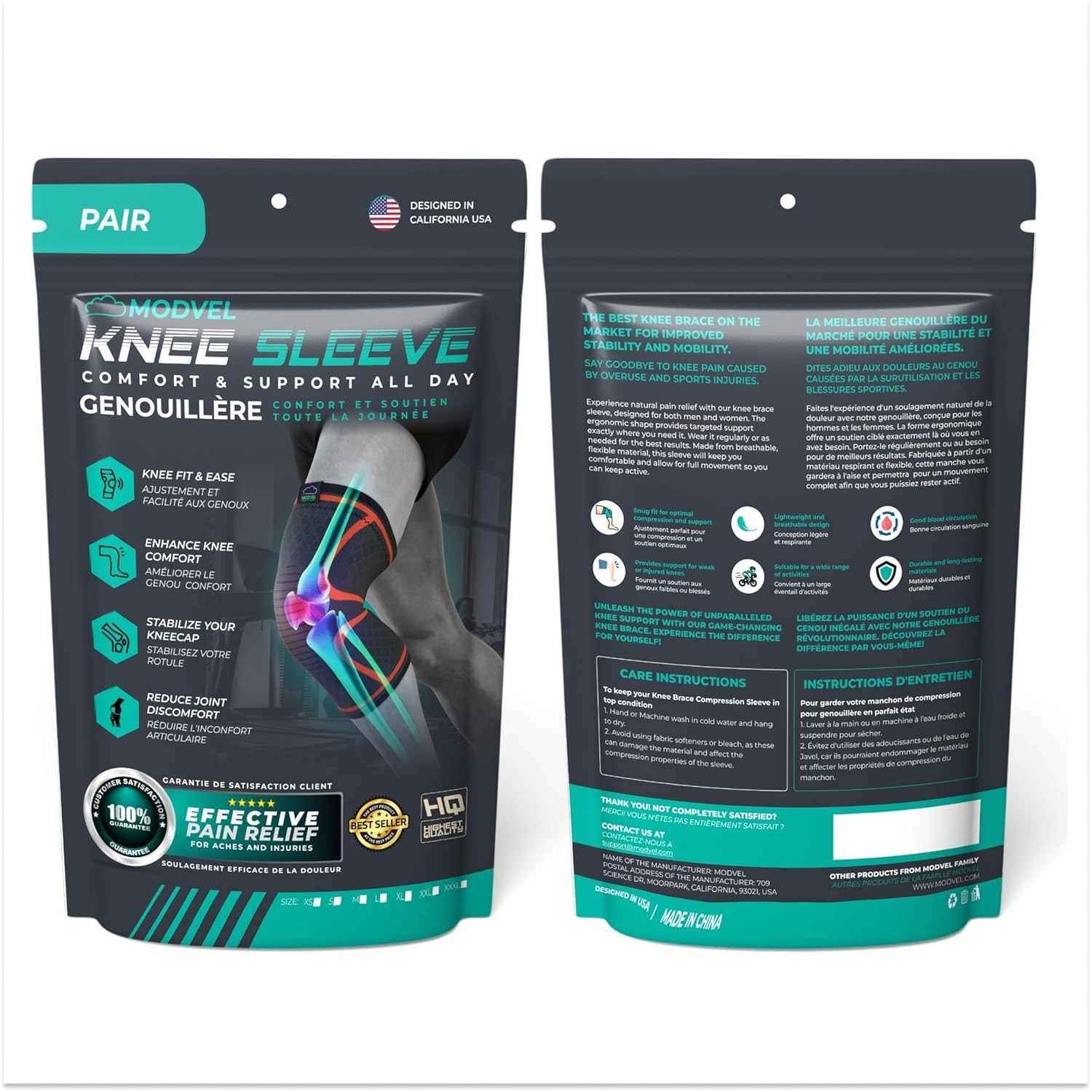 Modvel Compression Knee Brace for Women & Men 1 Pair, Medium Black