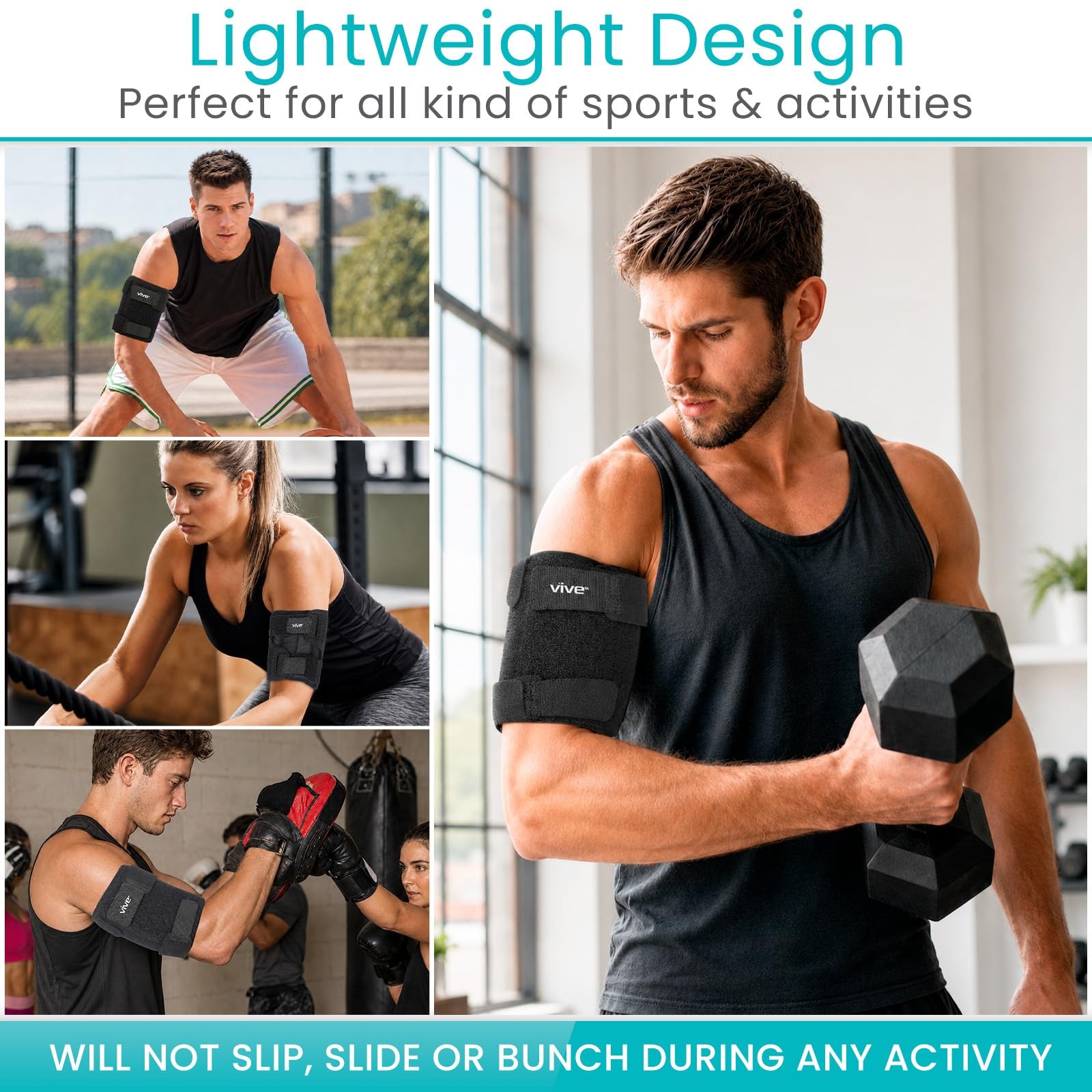 Vive Bicep Brace Compression Sleeve for Tendonitis – Upper Arm Medium, Black