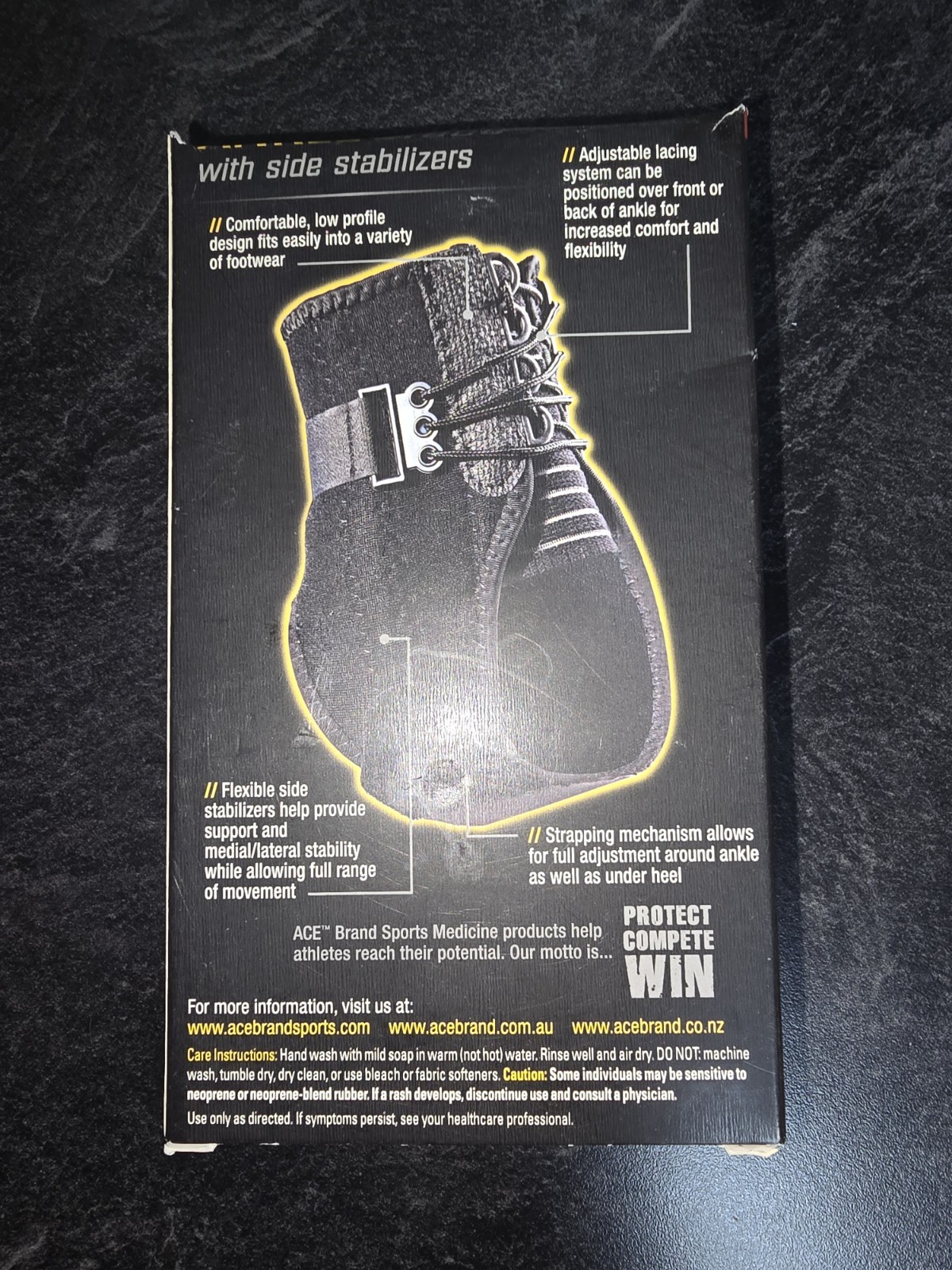 ACE Brand Ankle Support with Side Stabilizers, Adjustable, Black, 1 Brace